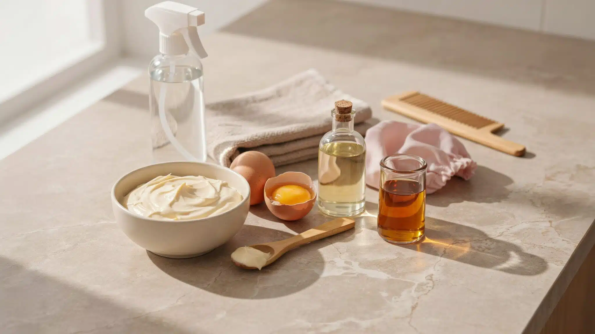mayonnaise eggs vegetable oil and vinegar arranged beside simple hair care tools on a bathroom counter