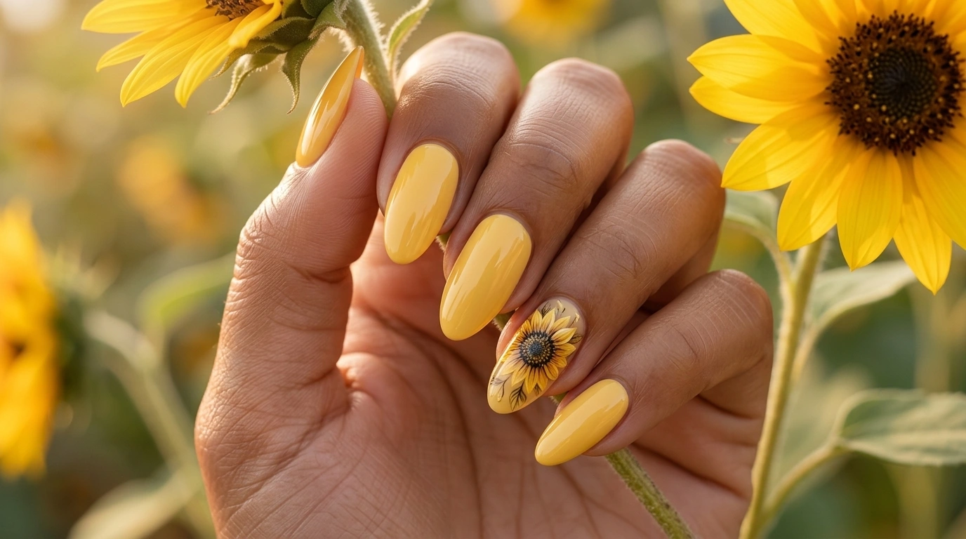 medium almond butter yellow nails with sunflower accent design and warm garden background