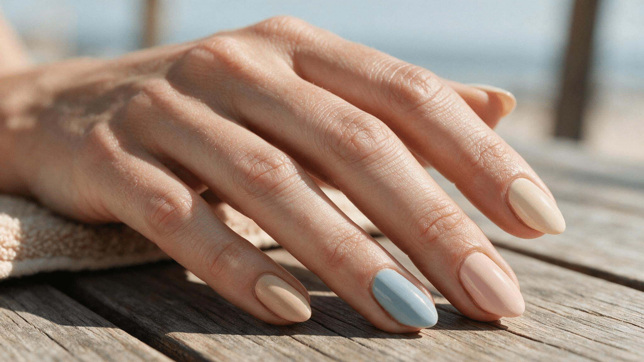 medium almond nails in sandy beige seafoam sky blue shell pink and cream creating a soft coastal spring palette