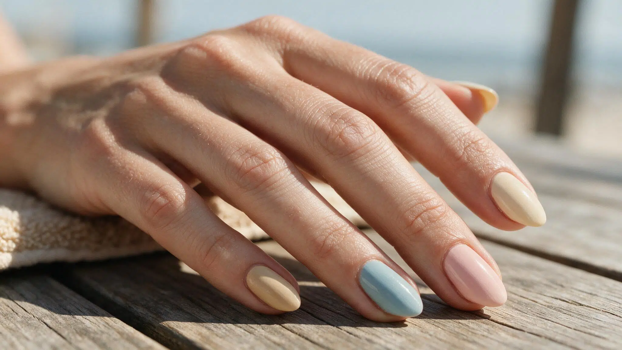 medium almond nails in sandy beige seafoam sky blue shell pink and cream creating a soft coastal spring palette