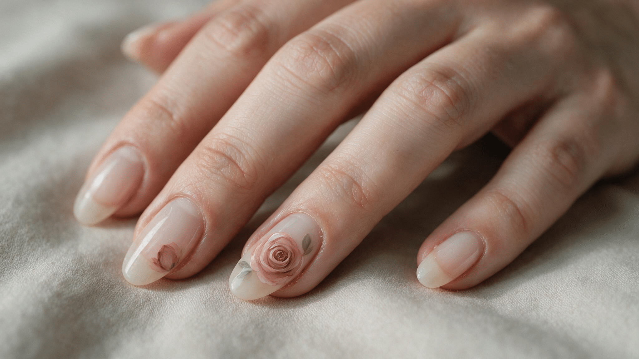medium almond nails with a layered dusty pink rose and small sage leaves painted carefully over a translucent nude base