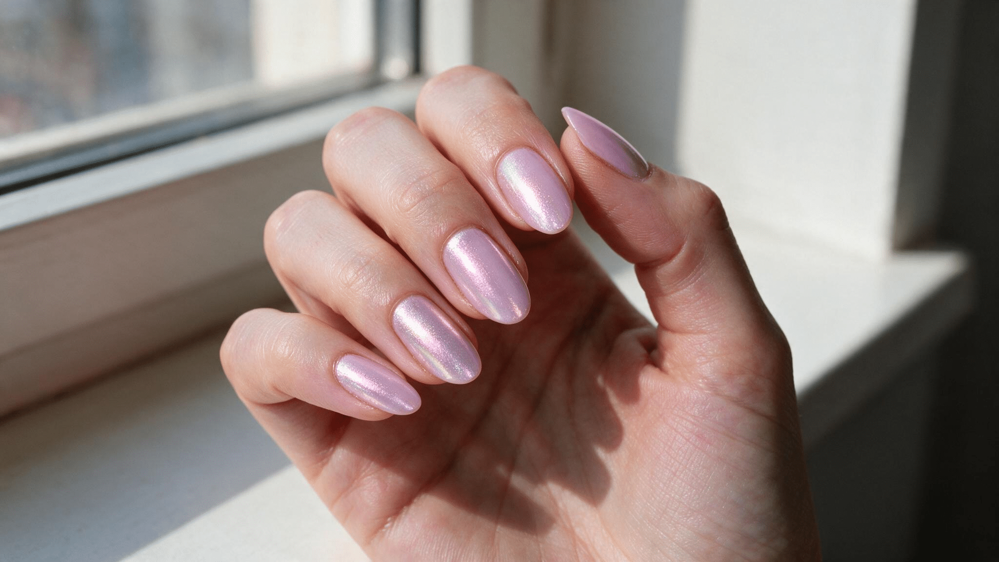 medium almond nails with a pale pink lilac base and soft chrome sheen shifting gently between pearl and lavender