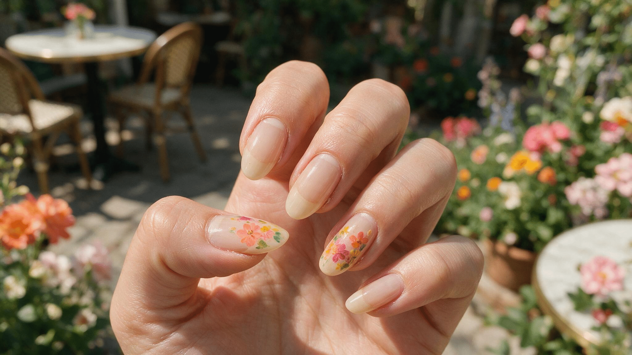 medium almond nails with a sheer neutral base and small coral pink yellow and green flowers painted on accent nails