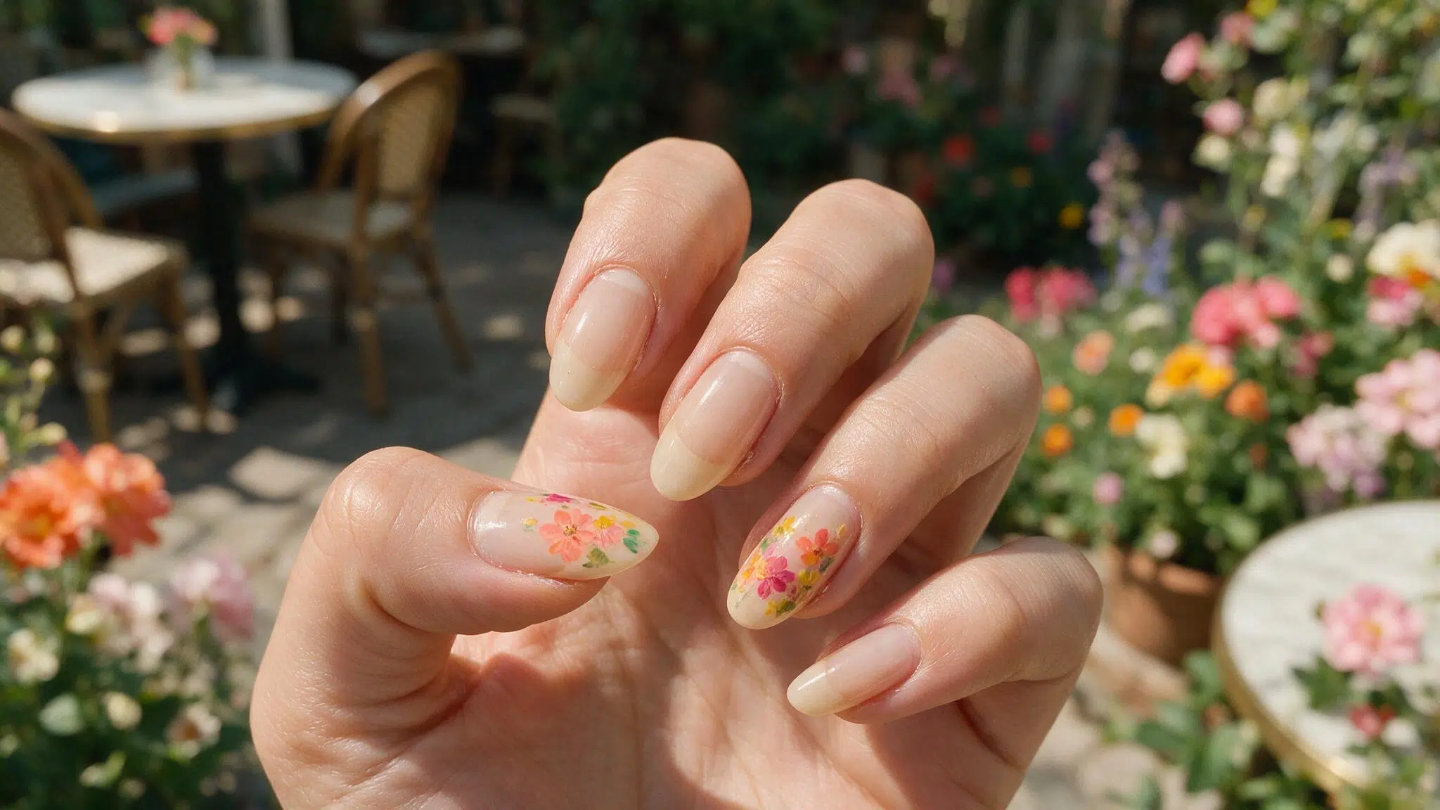 medium almond nails with a sheer neutral base and small coral pink yellow and green flowers painted on accent nails
