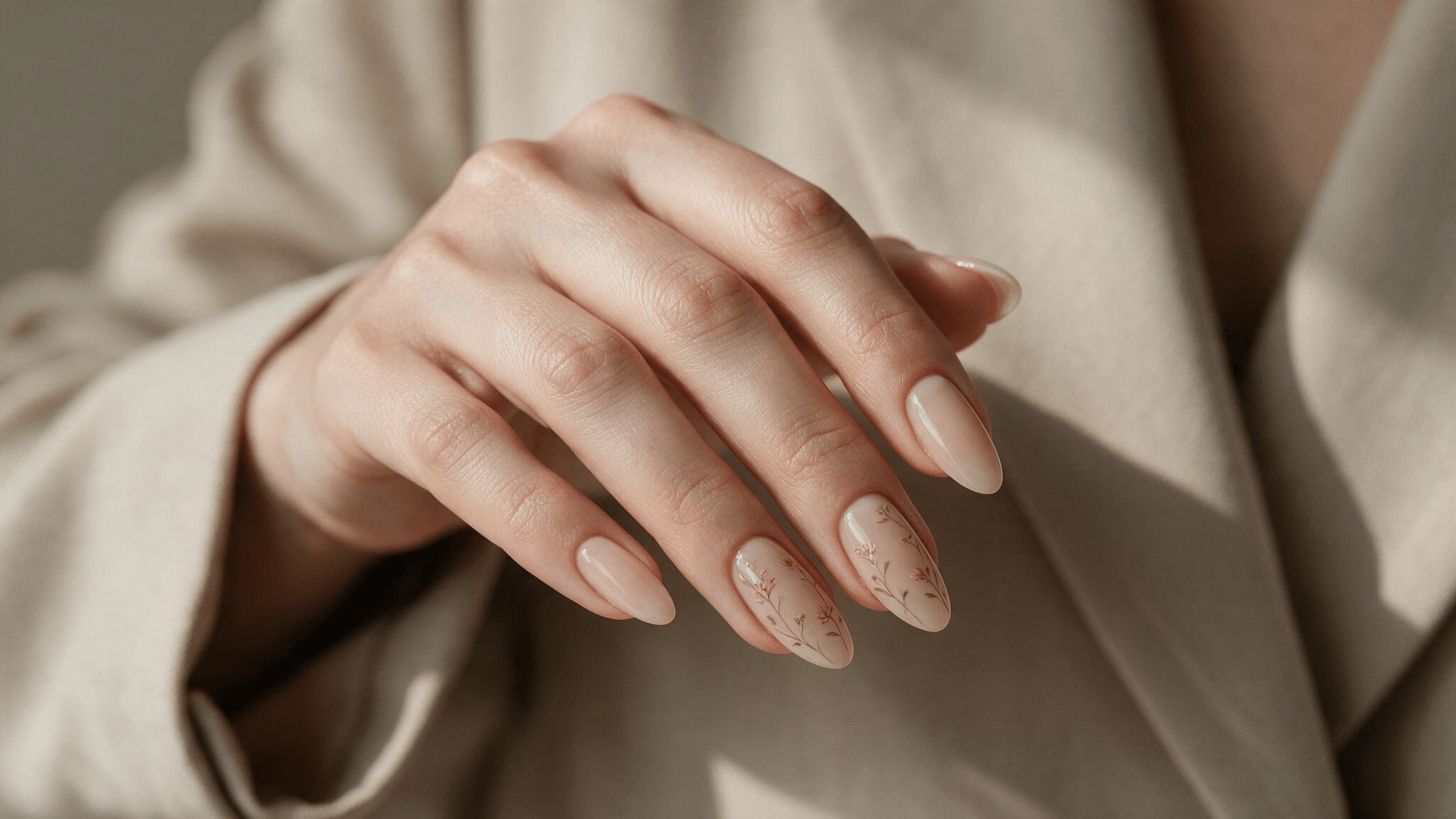 medium almond nails with fine dusty pink and sage floral line art on two accent nails over a sheer beige pink base
