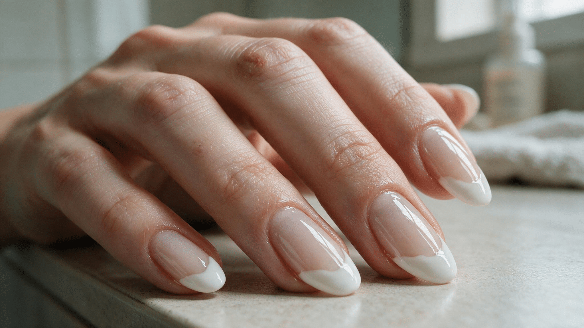 medium almond nails with milky nude polish and rounded glossy white liquid tips resting on a simple bathroom counter in soft light