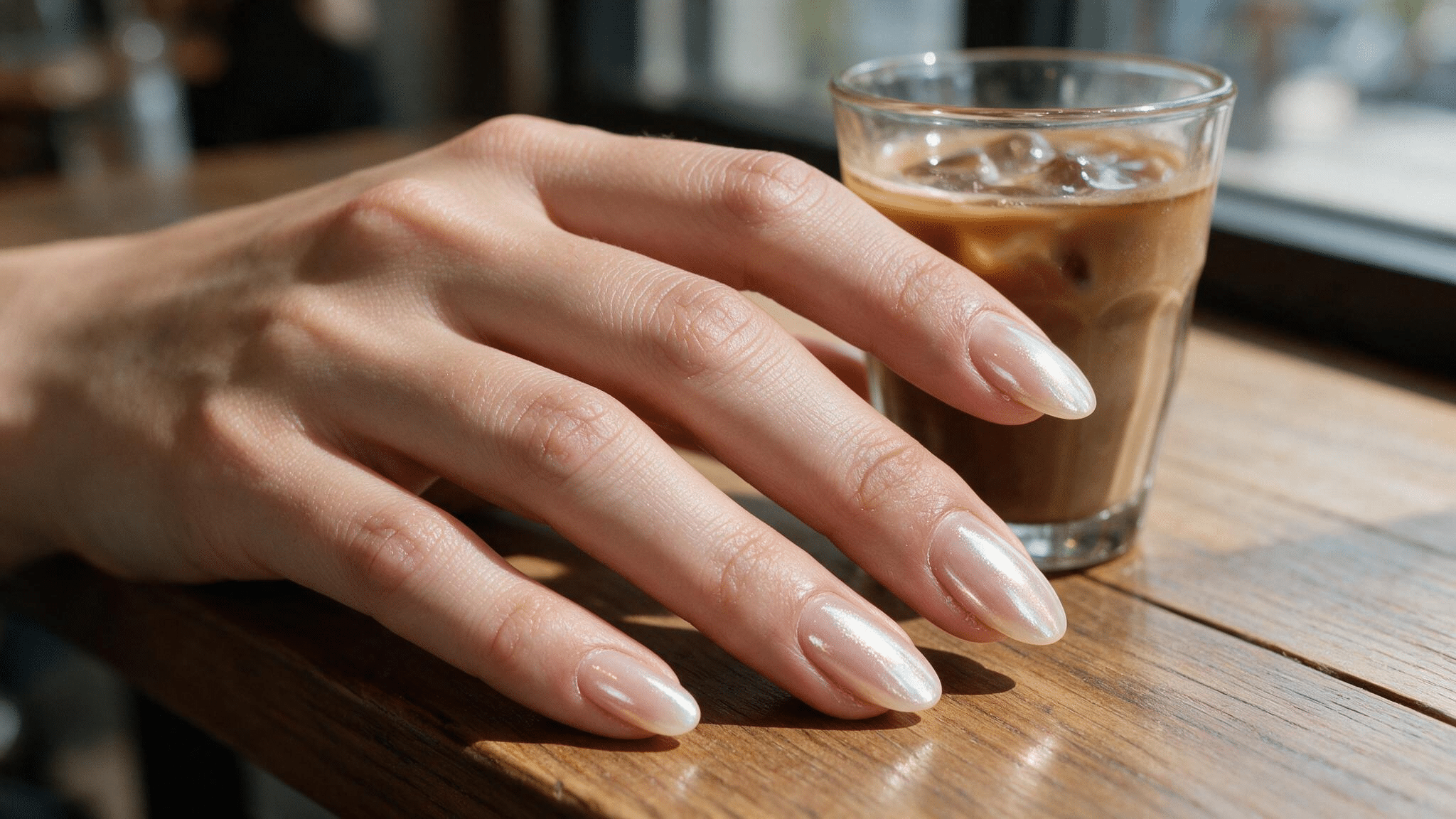 medium almond nails with nude pink polish and a soft pearly glazed chrome finish resting beside an iced coffee in daylight