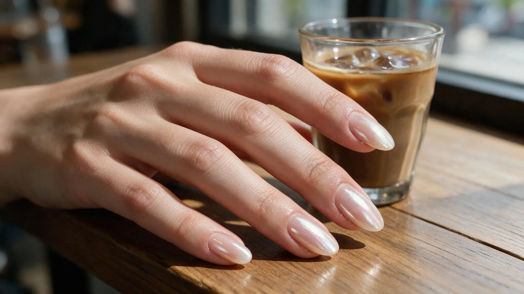 medium almond nails with nude pink polish and a soft pearly glazed chrome finish resting beside an iced coffee in daylight