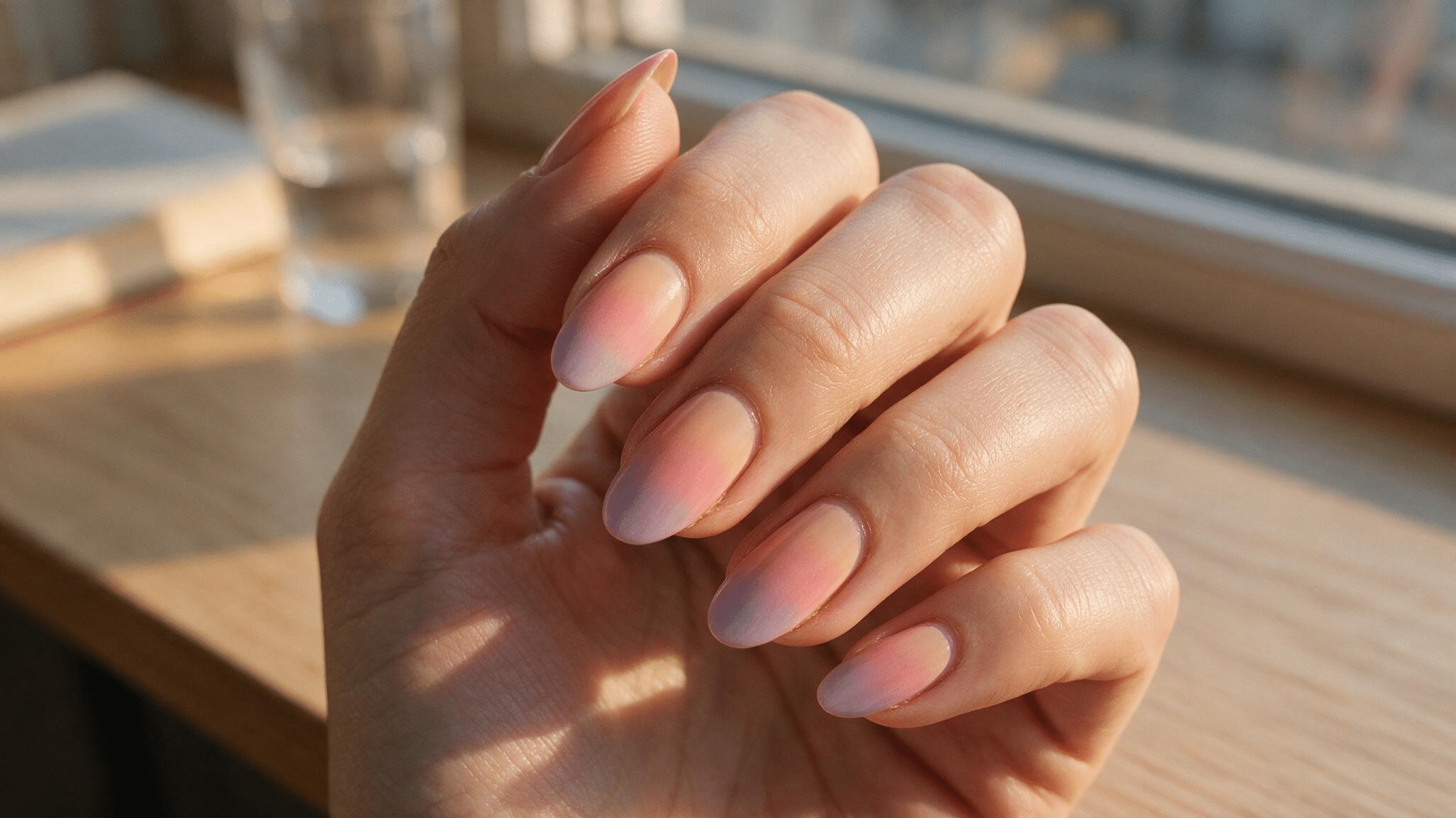 medium almond nails with peach blush pink and lavender ombre inspired by a soft spring sunset during golden hour