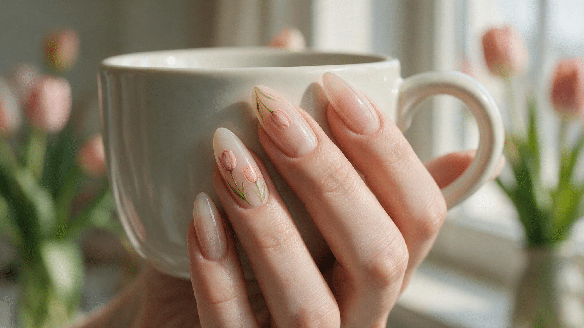medium almond nails with soft pink and coral tulips over sheer nude polish paired with thin muted green stems