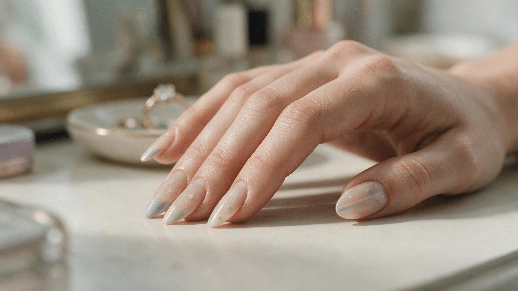 medium almond nails with subtle custom patterns including tiny initials stars pastel stripes and small decorative dots