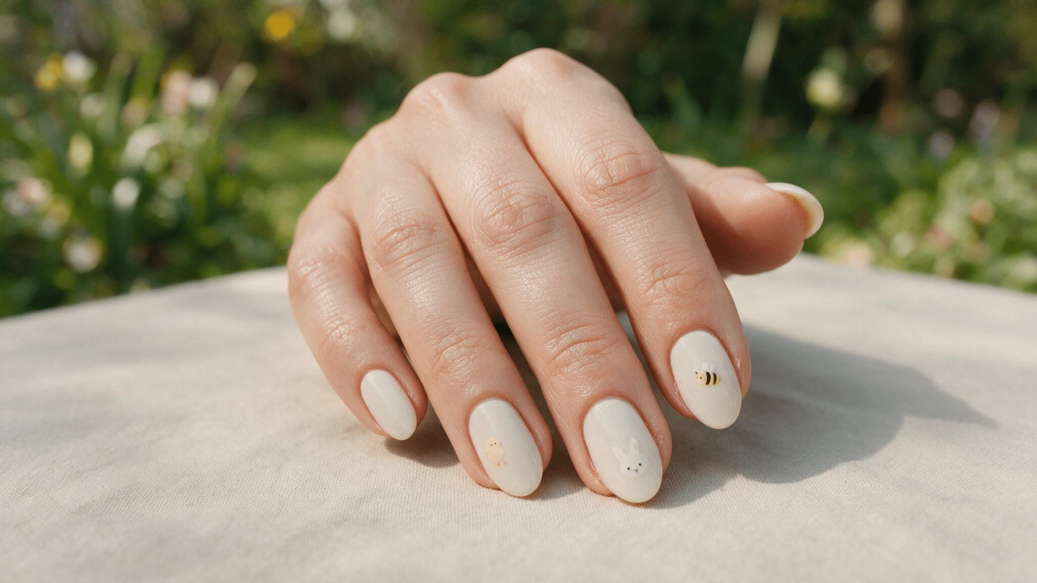 medium almond nails with tiny chick bunny and bee artwork on pastel accent nails while the remaining nails stay neutral