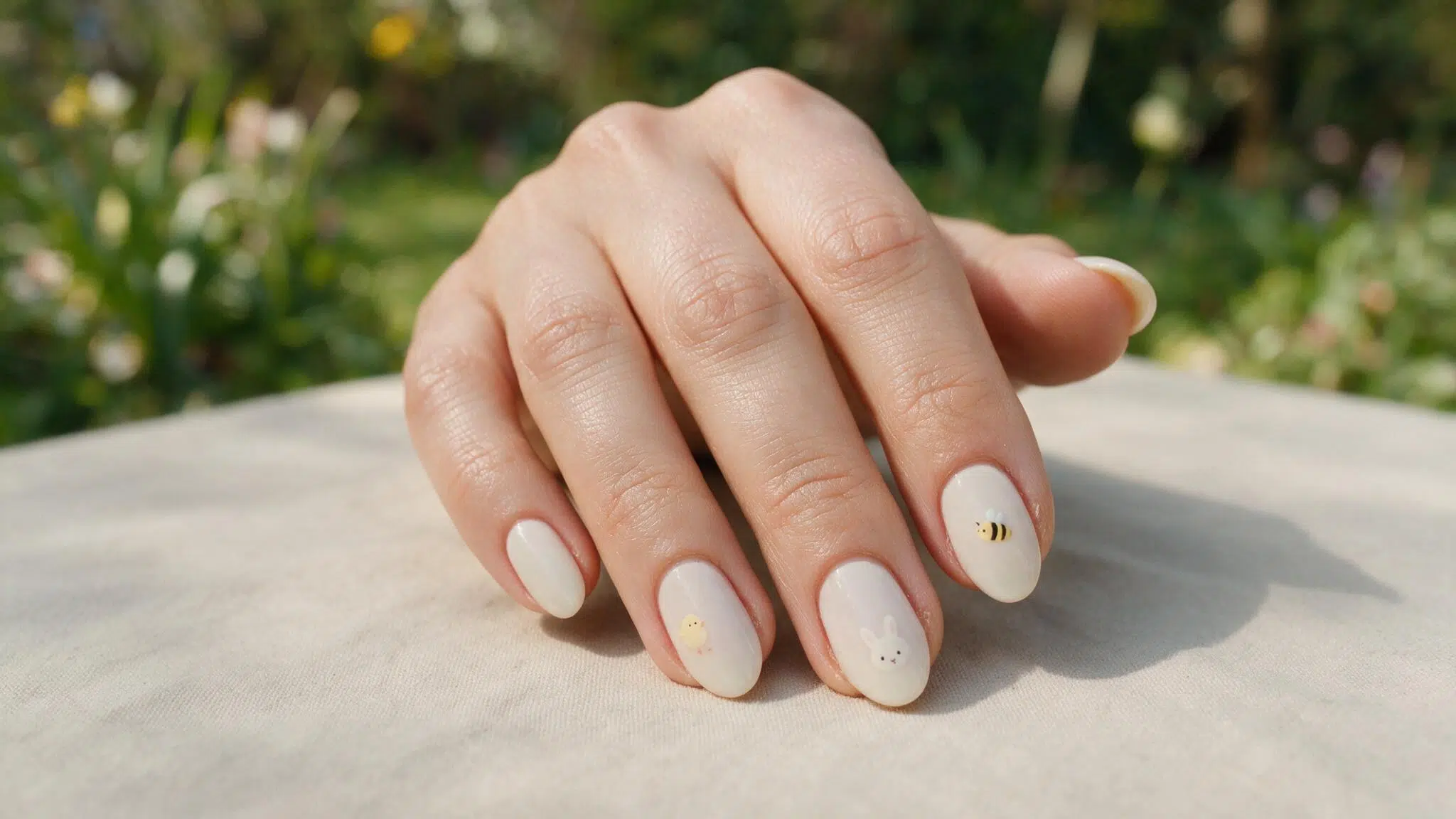 medium almond nails with tiny chick bunny and bee artwork on pastel accent nails while the remaining nails stay neutral