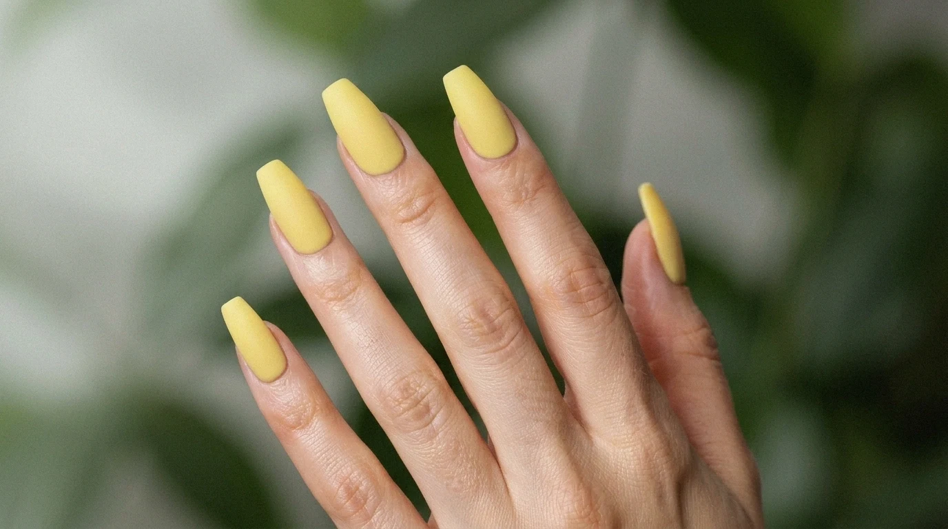 medium coffin shaped matte butter yellow nails displayed against a soft green background with natural lighting