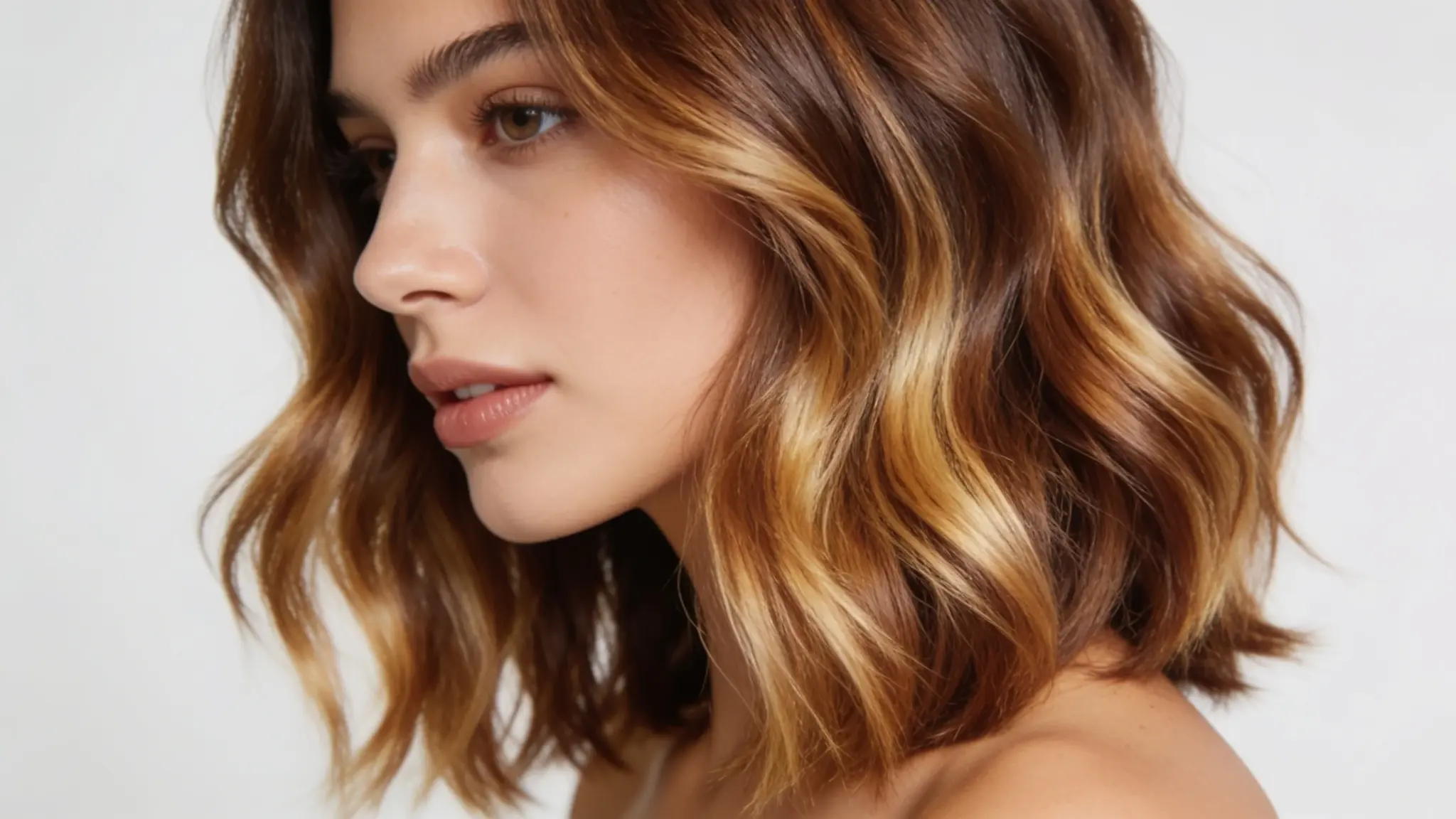 medium length hair with balayage highlights and soft waves creating natural dimension and texture