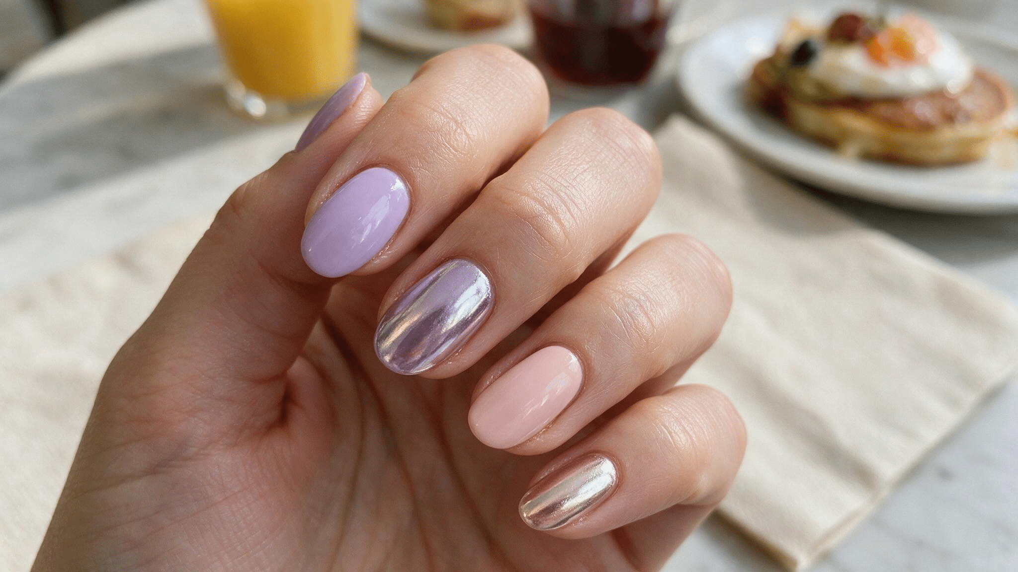 medium oval nails alternating flat pastel polish with matching soft chrome finishes in coordinated lilac and blush tones