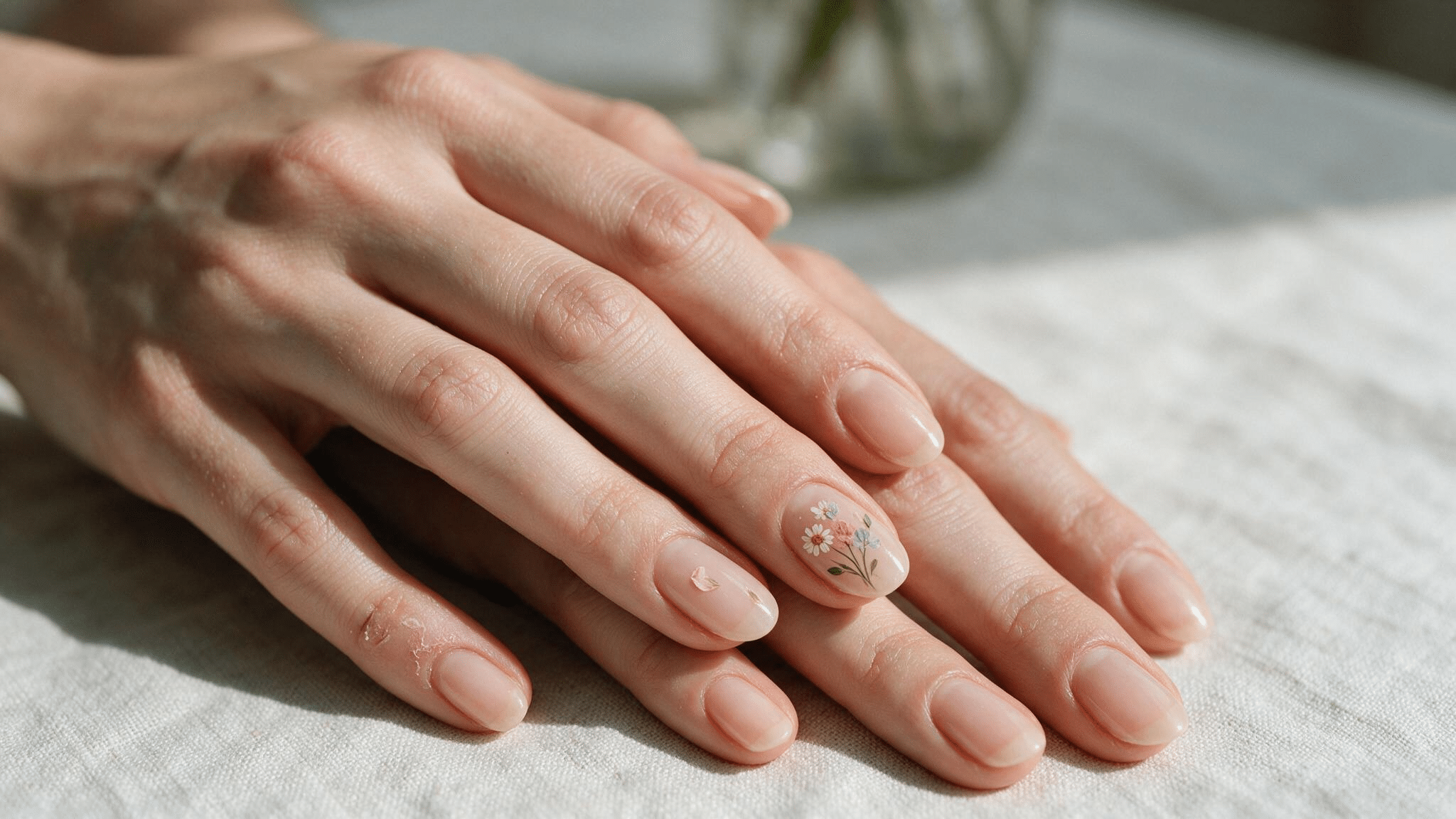 medium oval nails with a sheer blush base and a tiny mixed spring bouquet painted carefully on one detailed accent nail