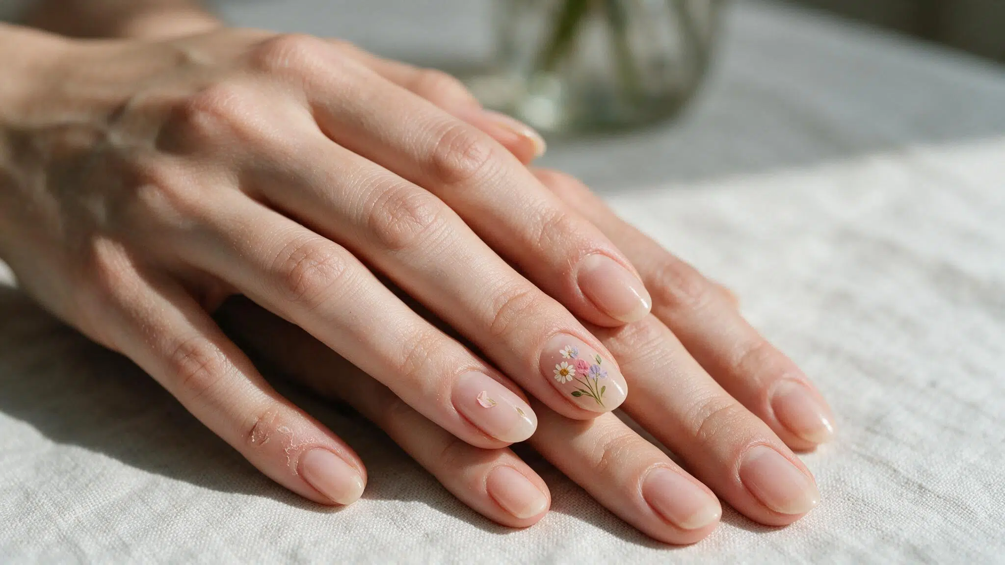 medium oval nails with a sheer blush base and a tiny mixed spring bouquet painted carefully on one detailed accent nail