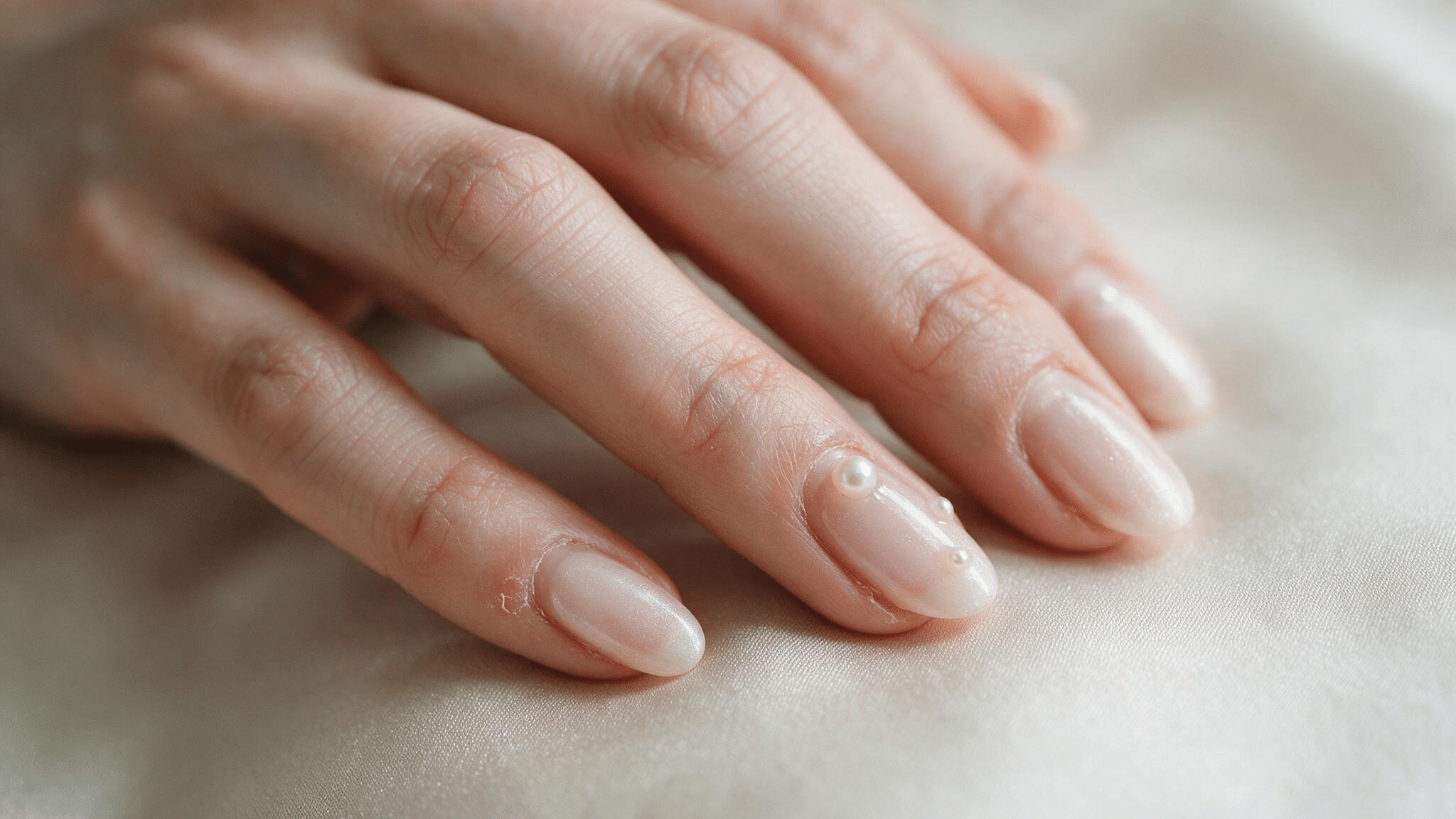 medium oval nails with blush polish tiny pearl accents and pearlescent shine resting naturally on soft cream fabric