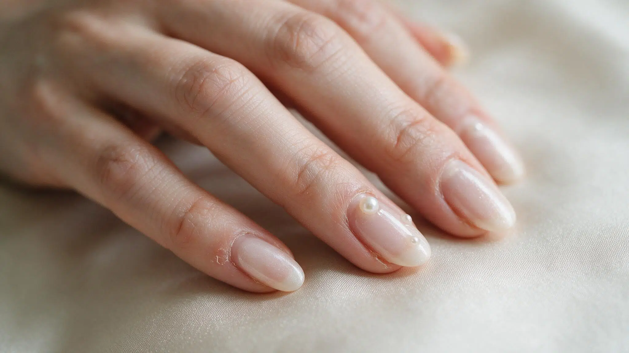 medium oval nails with blush polish tiny pearl accents and pearlescent shine resting naturally on soft cream fabric