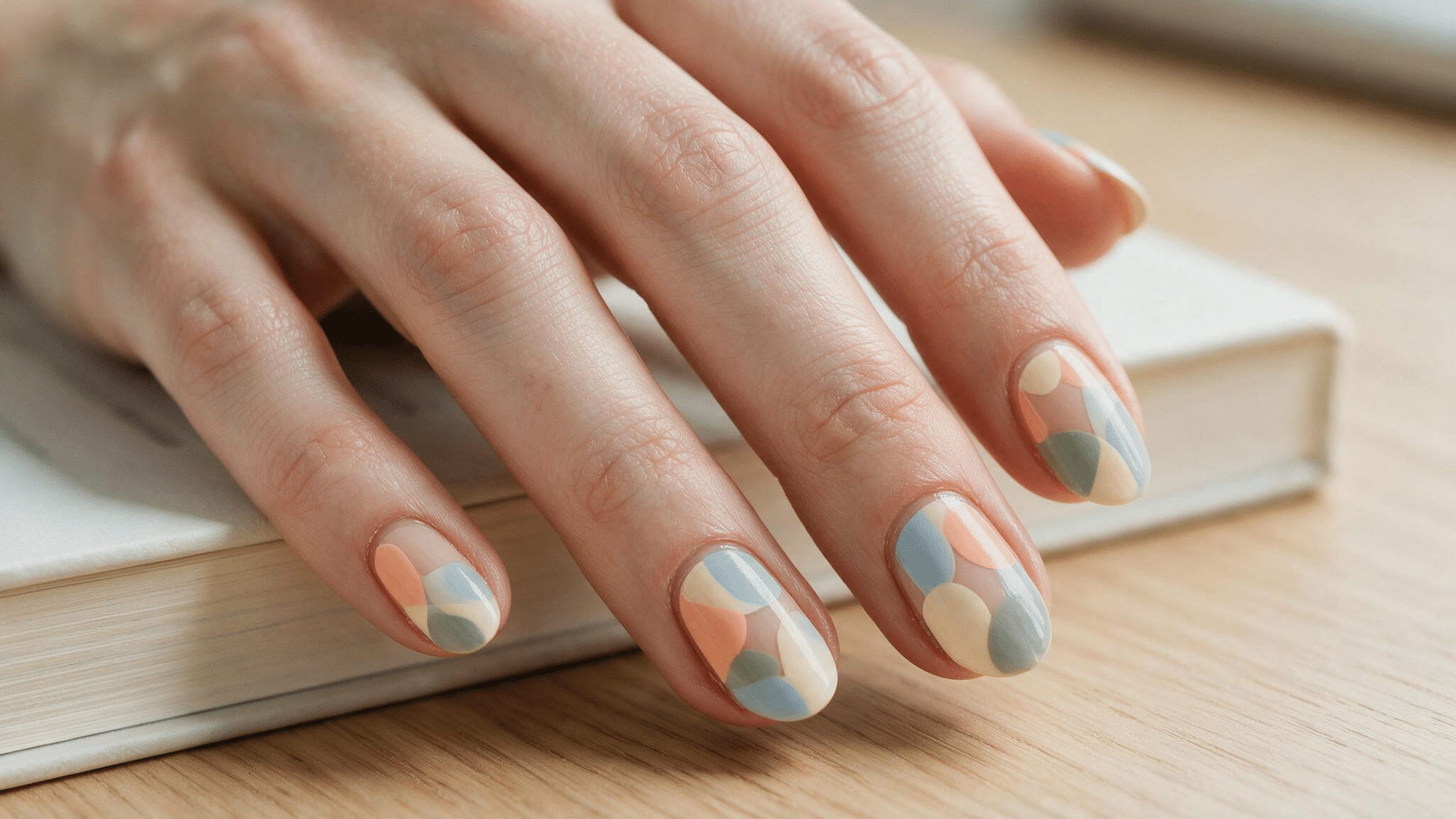 medium oval nails with muted peach blue cream and sage abstract shapes layered naturally over a sheer beige base