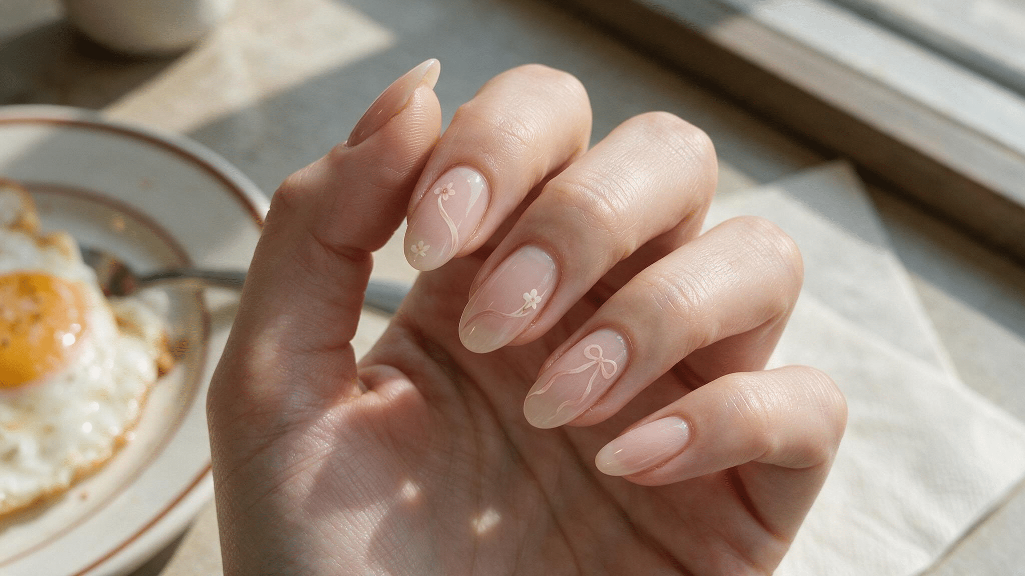 medium oval nails with sheer pink polish ribbon like swirls and tiny flowers placed carefully along the curved lines