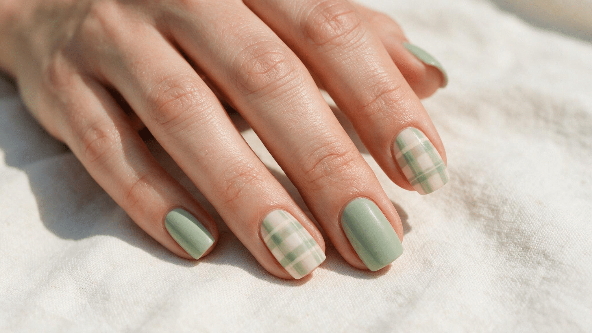 medium square nails with pale green and white gingham accents paired with solid pastel nails for a spring manicure
