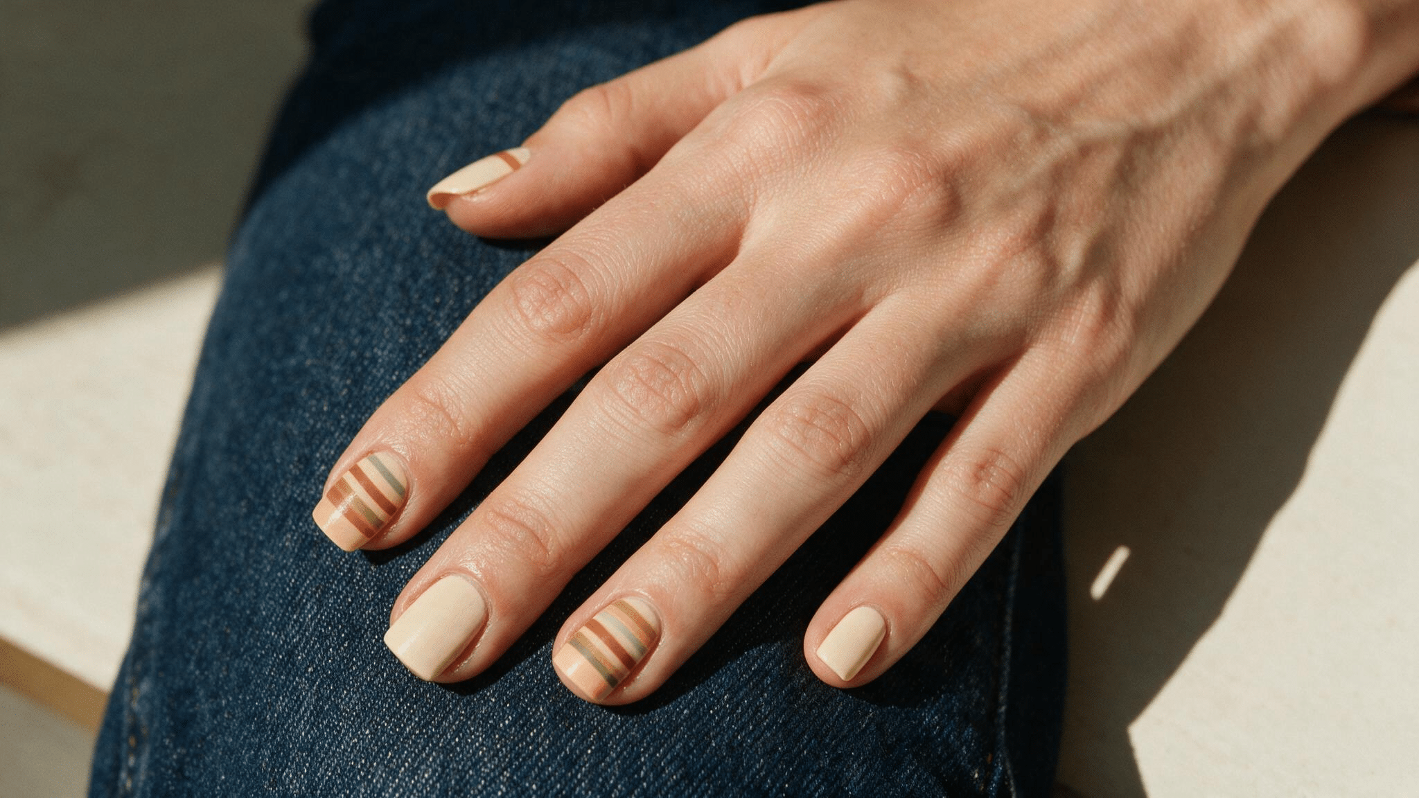 medium square nails with thin muted terracotta mustard olive and cream retro stripes painted over a neutral base