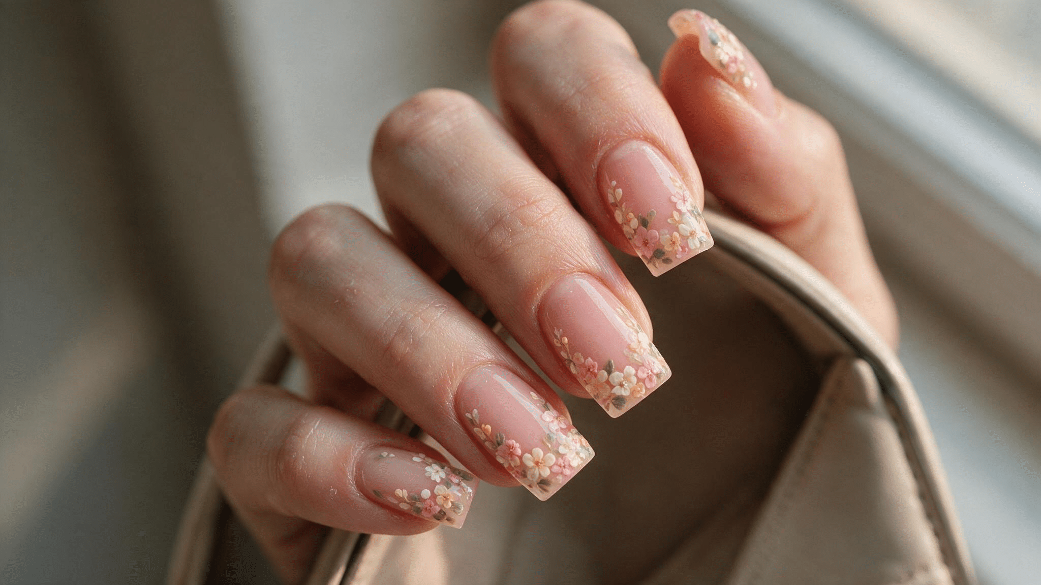 medium square nails with tiny pink cream yellow and green floral clusters painted carefully along the free edges