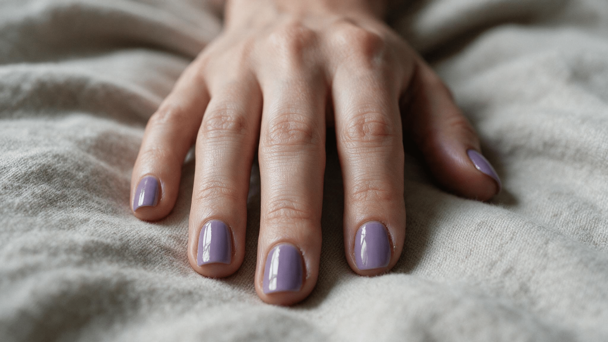medium squoval nails painted muted cool lavender with natural shine resting on a softly textured oatmeal blanket