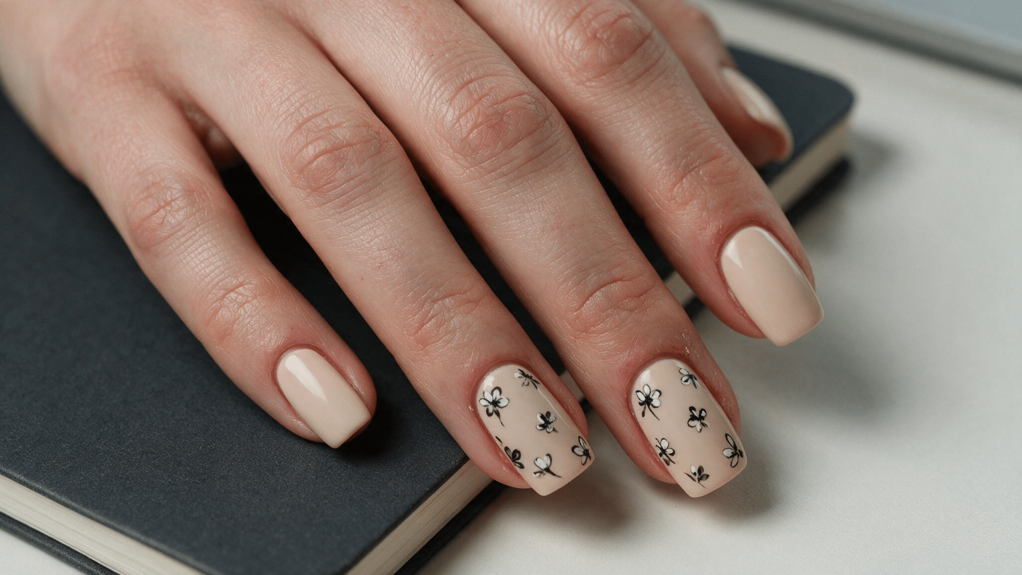 medium squoval nails with a cream base and tiny black and white floral details creating a soft monochrome spring look