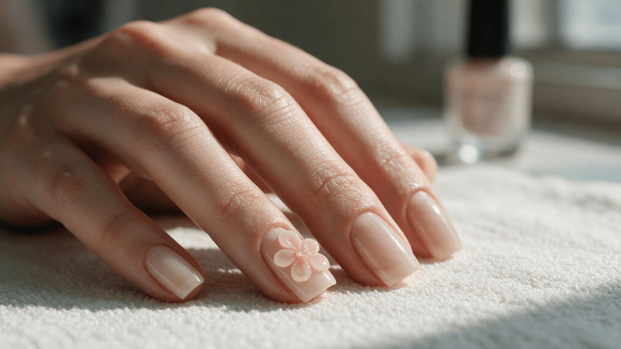 medium squoval nails with a milky nude base and raised pale pink gel flowers creating small realistic textured accents