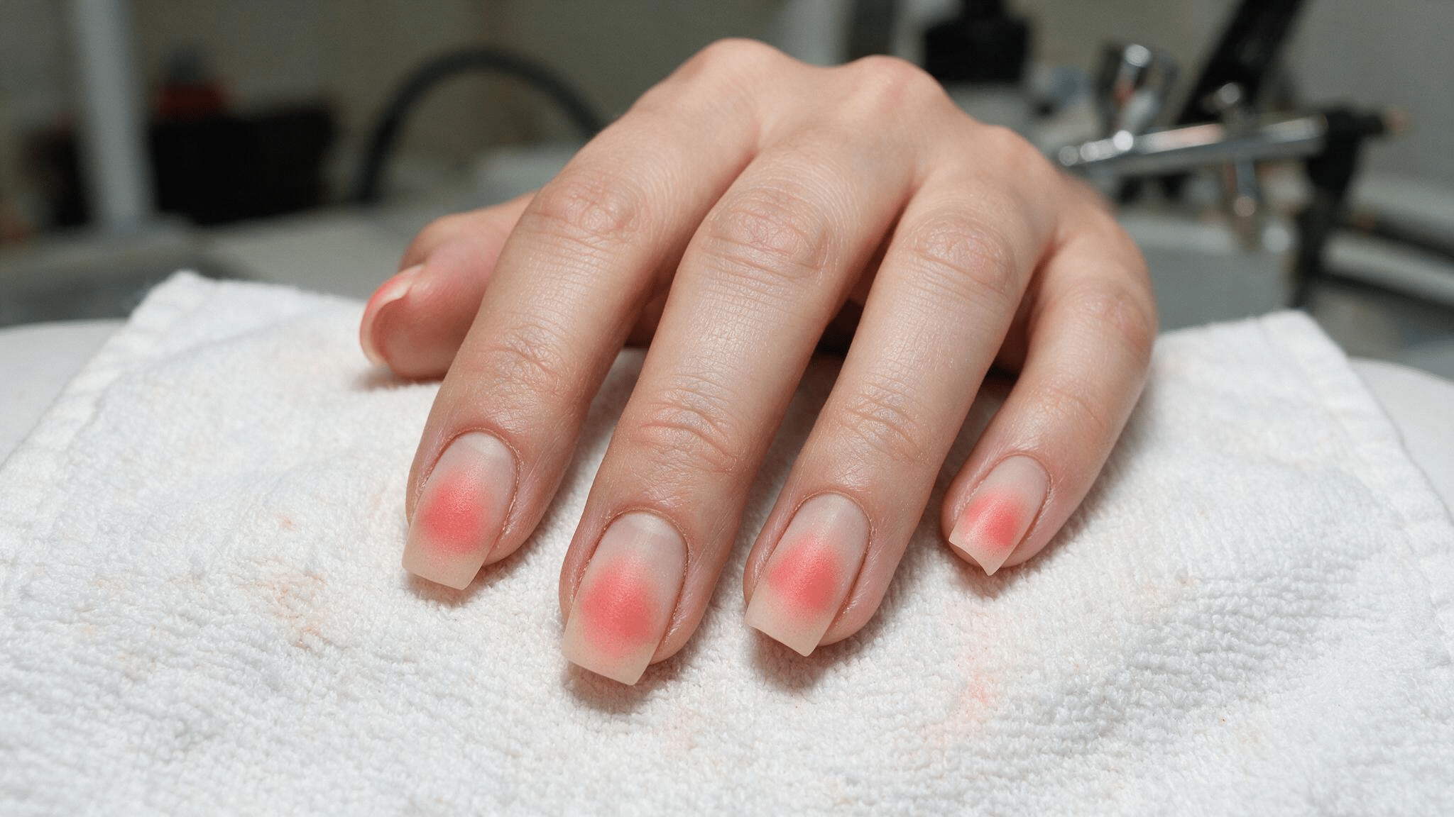 medium squoval nails with a sheer nude base and softly airbrushed coral pink gradient concentrated around the tips