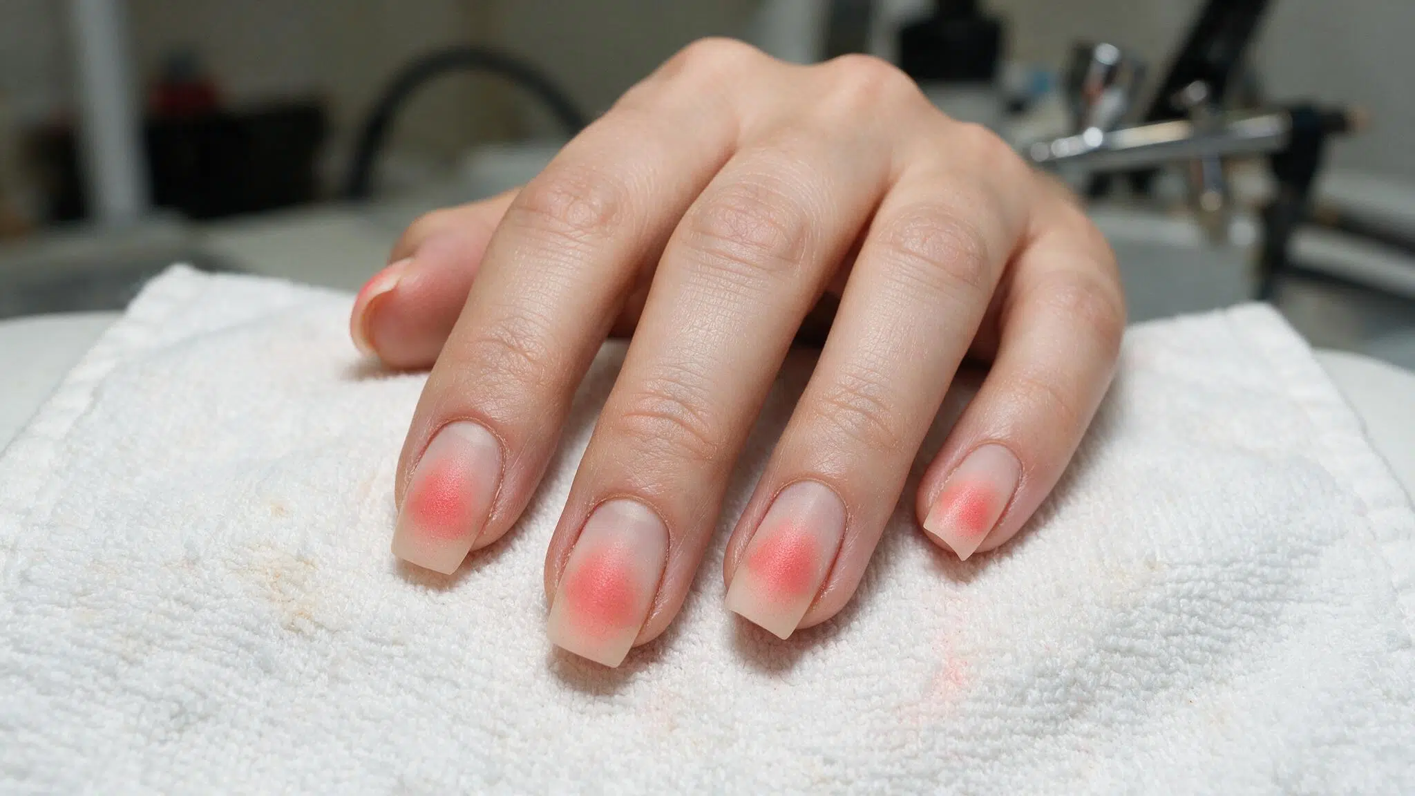 medium squoval nails with a sheer nude base and softly airbrushed coral pink gradient concentrated around the tips