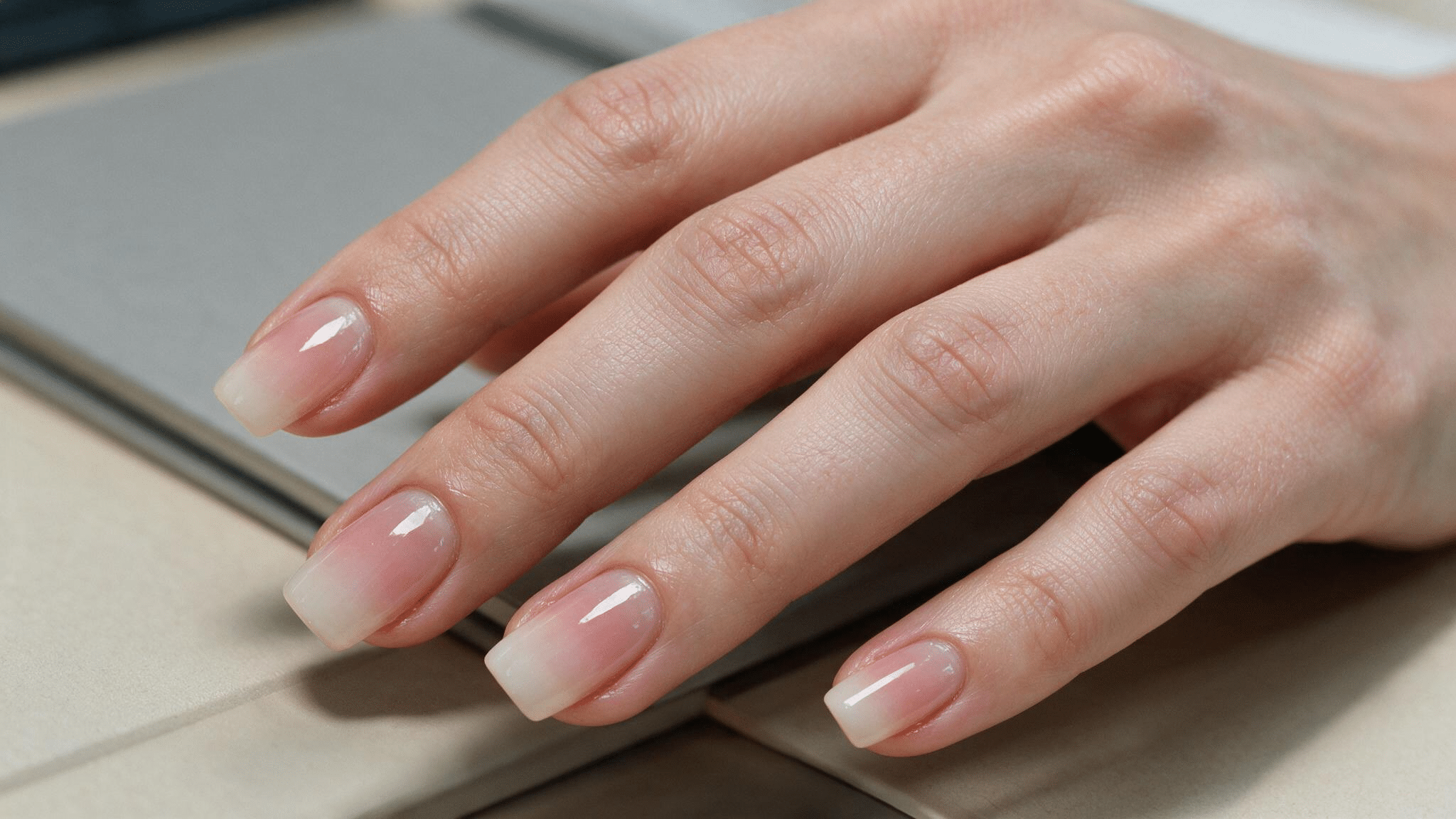 medium squoval nails with a soft blush to milky pink ombre gradient glossy finish and natural looking proportions