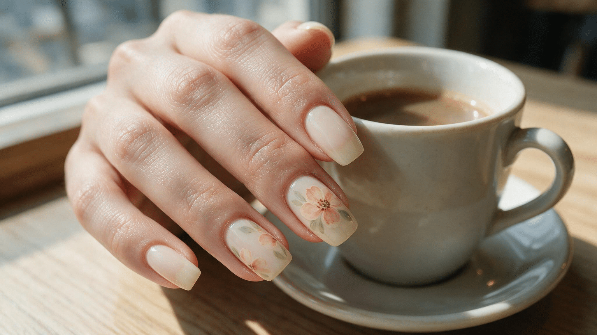 medium squoval nails with a soft cream base and larger peach floral motifs with muted green leaves on accent nails