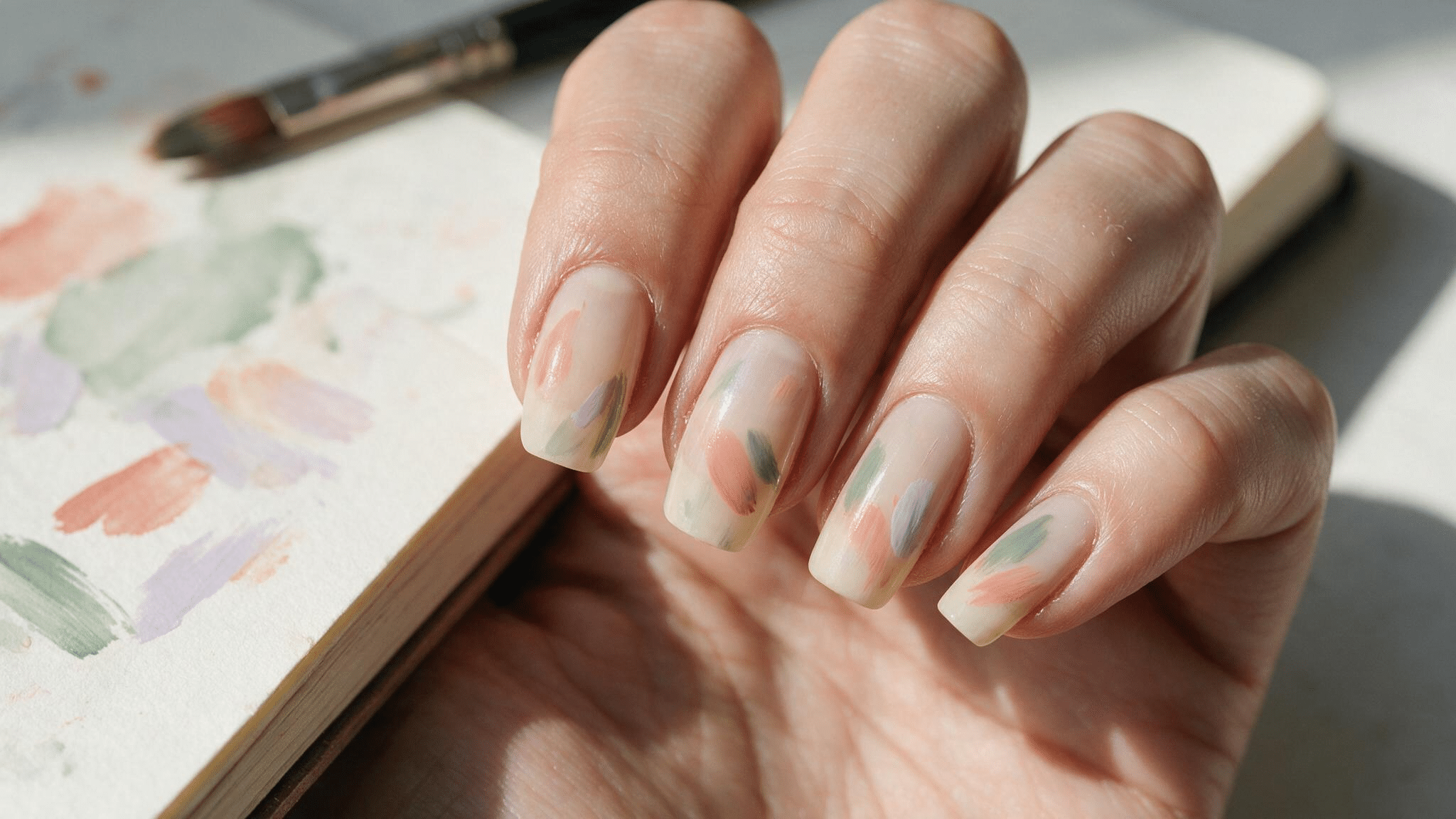 medium squoval nails with loose coral sage and lavender brushstrokes painted over a translucent cream nail base