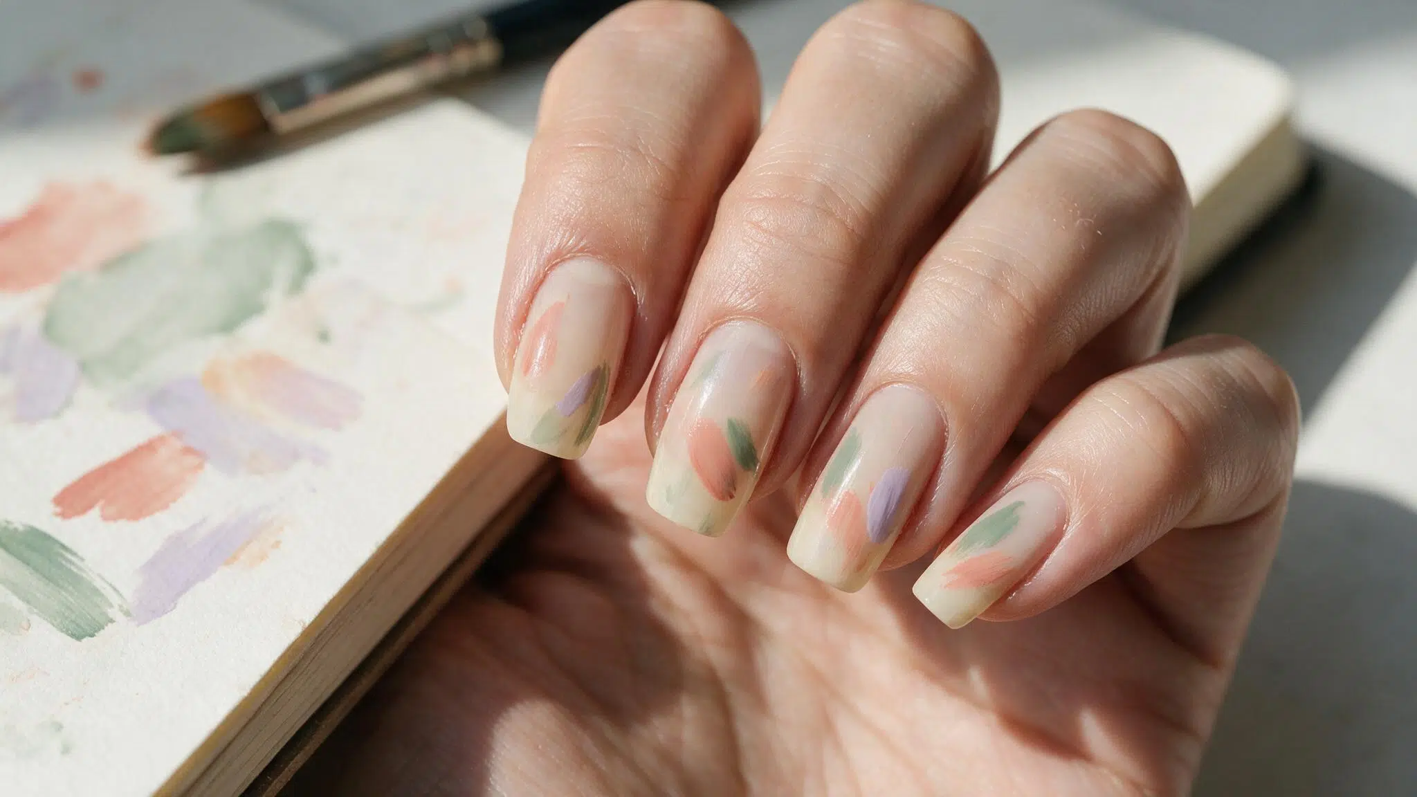 medium squoval nails with loose coral sage and lavender brushstrokes painted over a translucent cream nail base