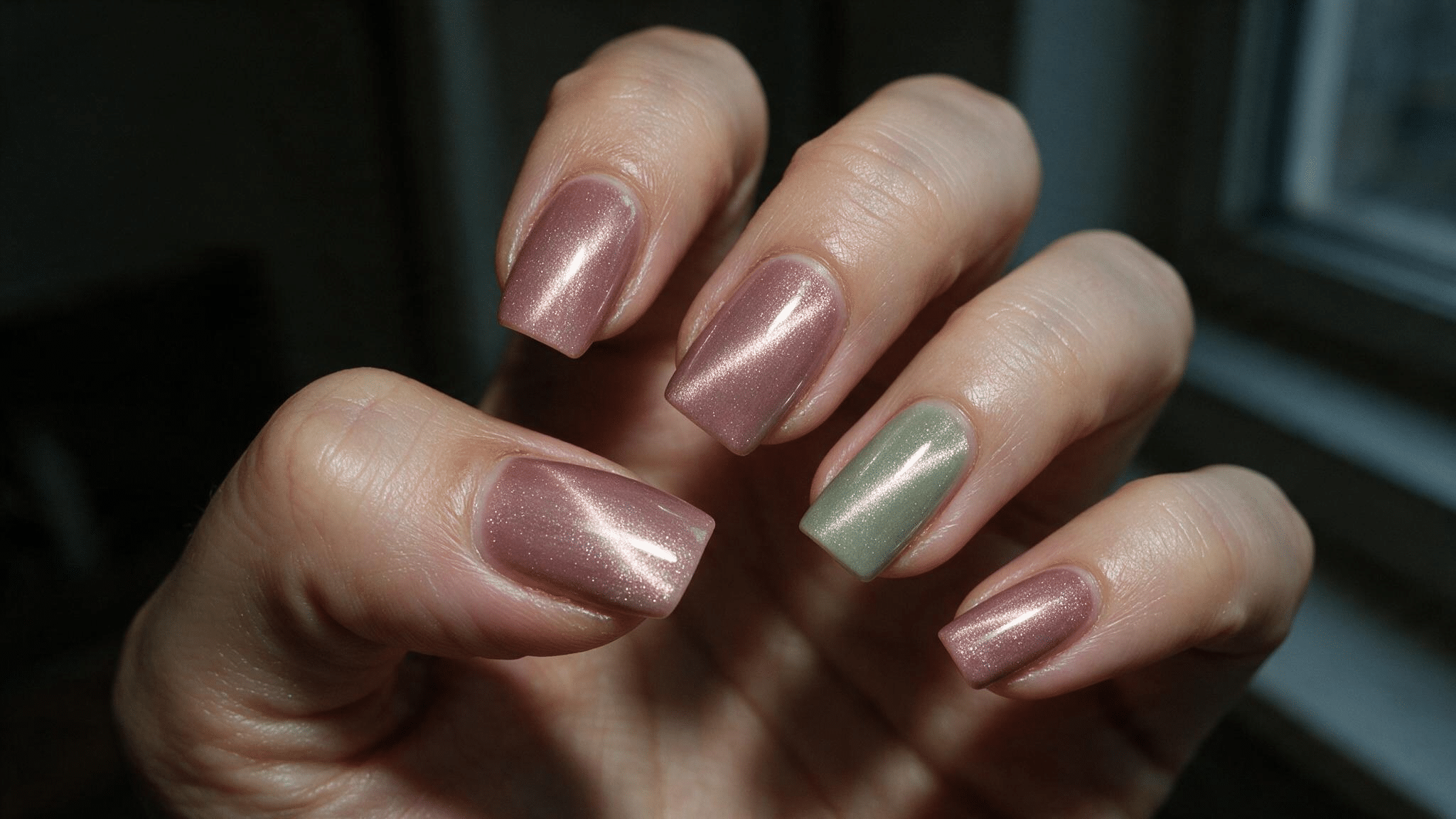 medium squoval nails with muted rose cat eye shimmer and a diagonal magnetic light stripe running across each nail