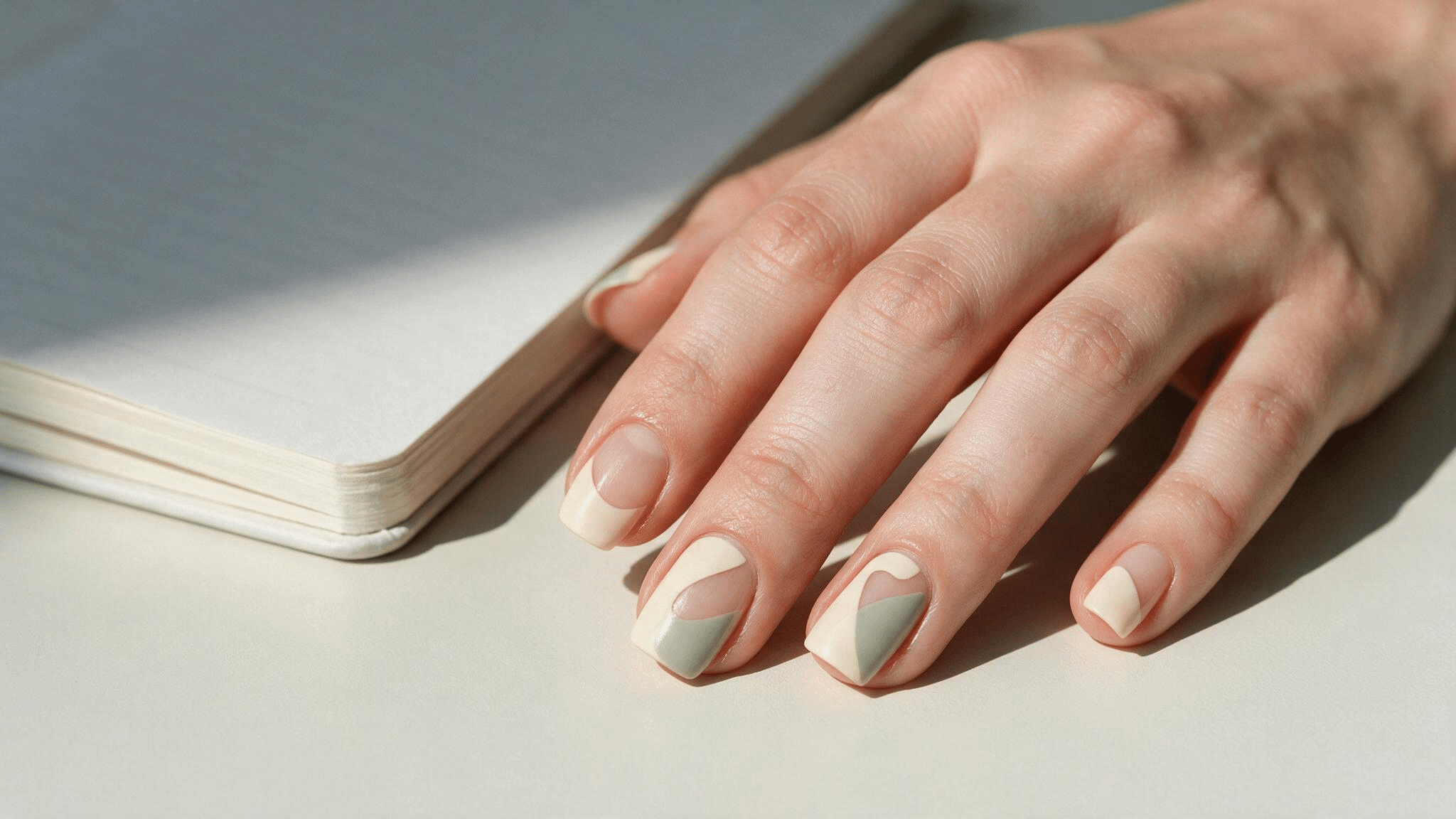 medium squoval nails with nude cream and sage geometric polish leaving sections of the natural nail clearly visible