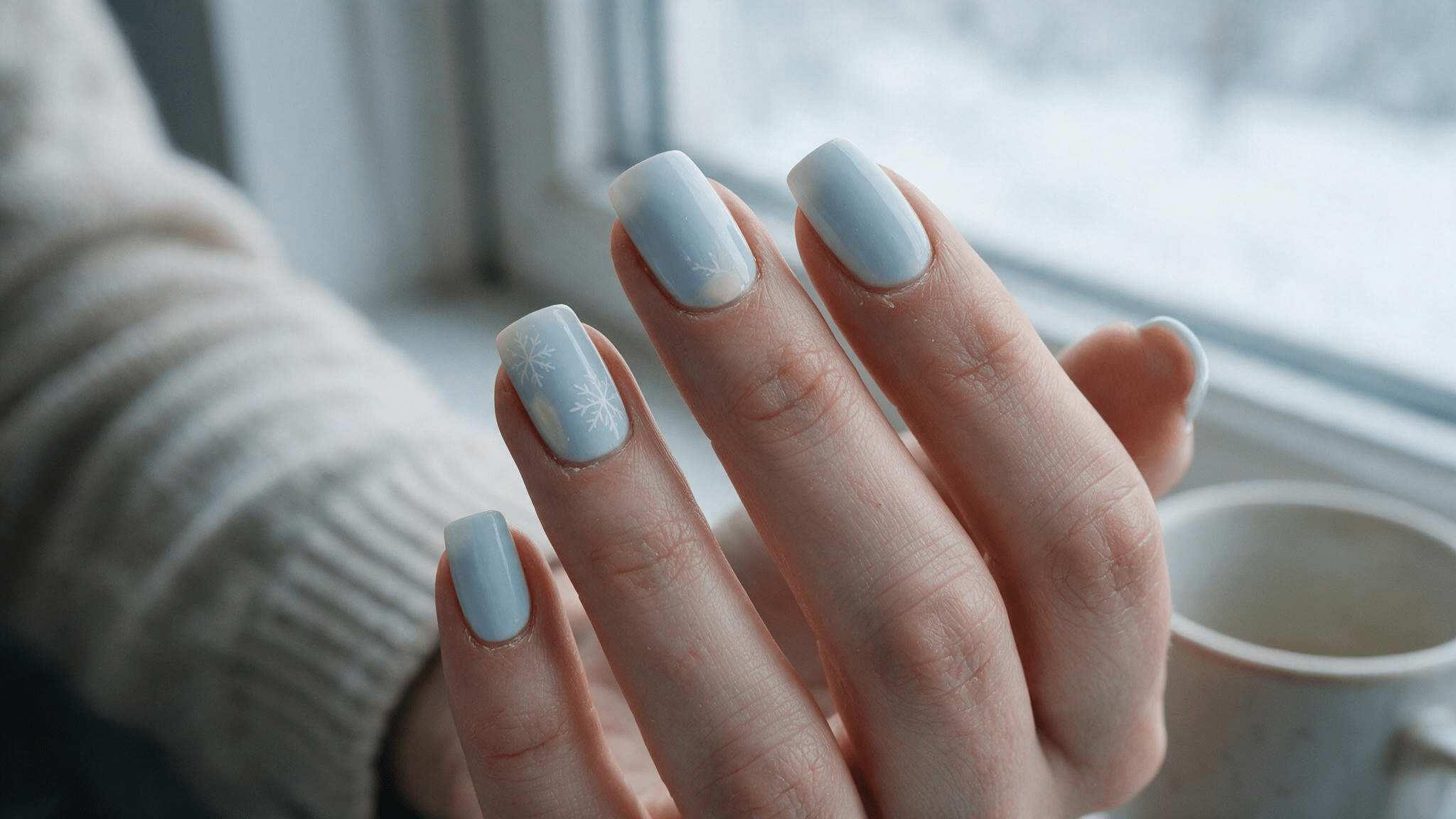 medium squoval nails with pale icy blue polish and fine white snowflake linework painted on two subtle accent nails