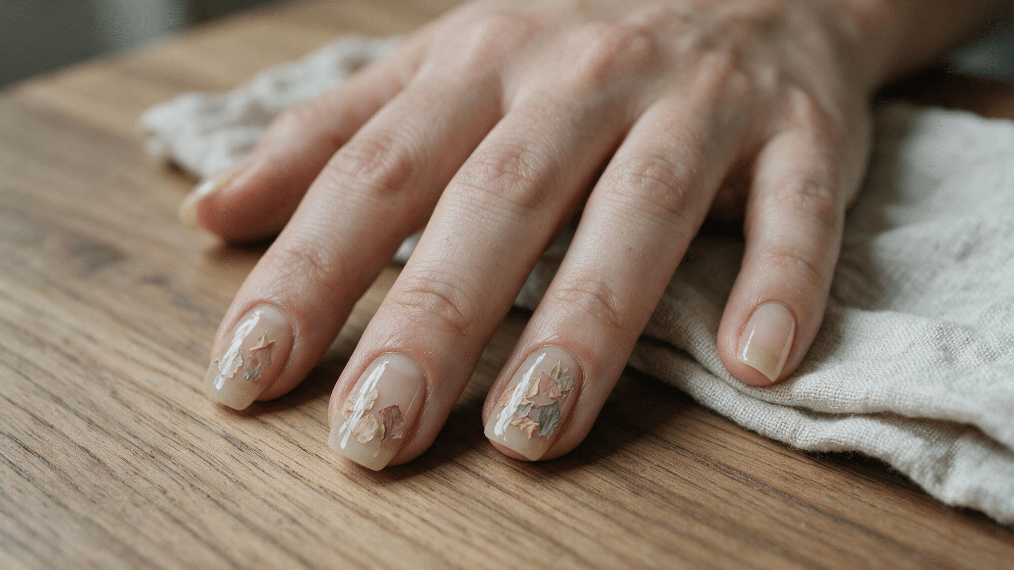 medium squoval nails with sheer beige polish and muted dried flower petals in dusty rose brown and lavender tones