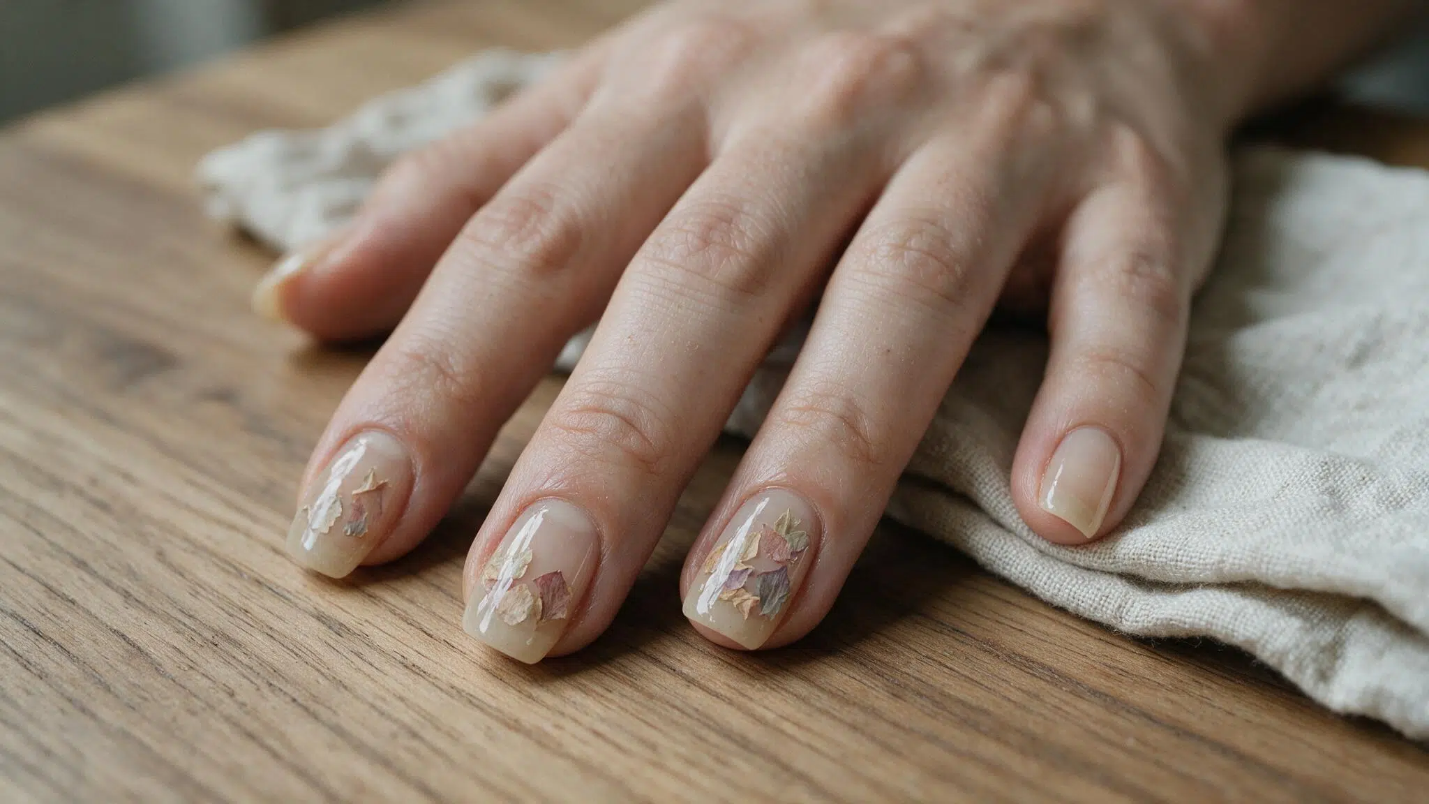 medium squoval nails with sheer beige polish and muted dried flower petals in dusty rose brown and lavender tones