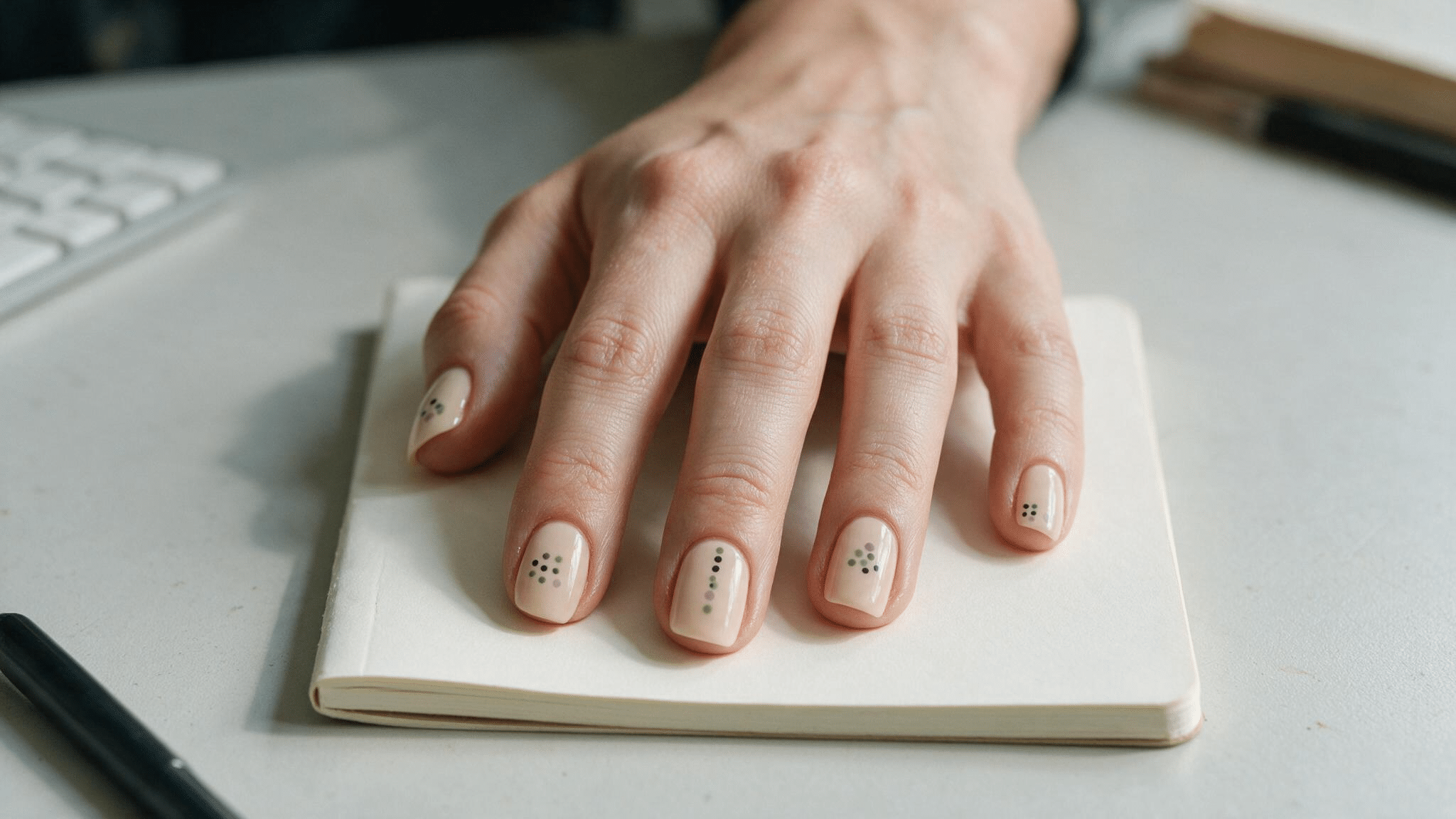 medium squoval nails with tiny sage and lilac dots arranged into triangles grids and clean simple linear patterns