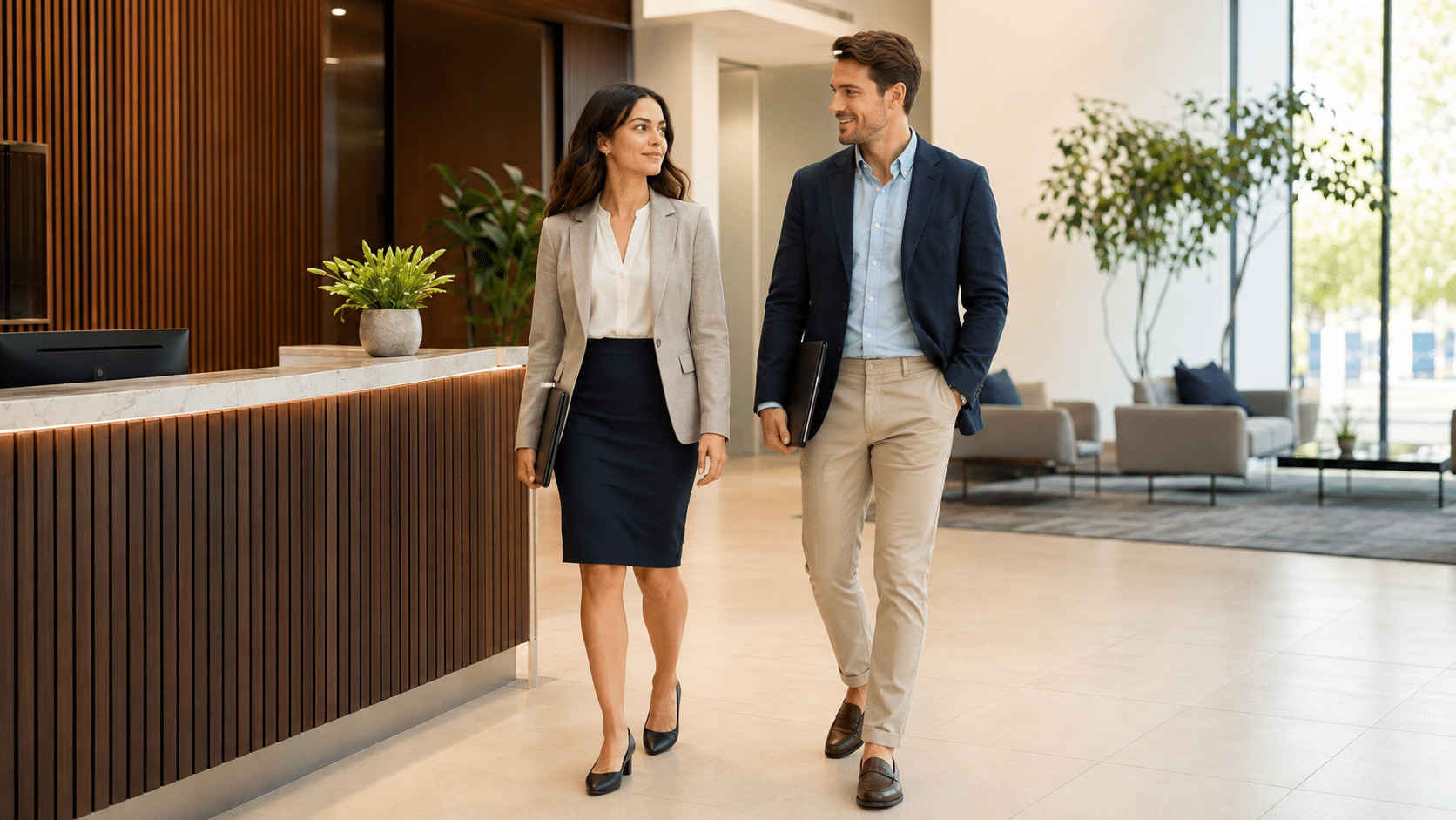 men and women wearing smart casual outfits while talking at a professional networking event in a modern venue
