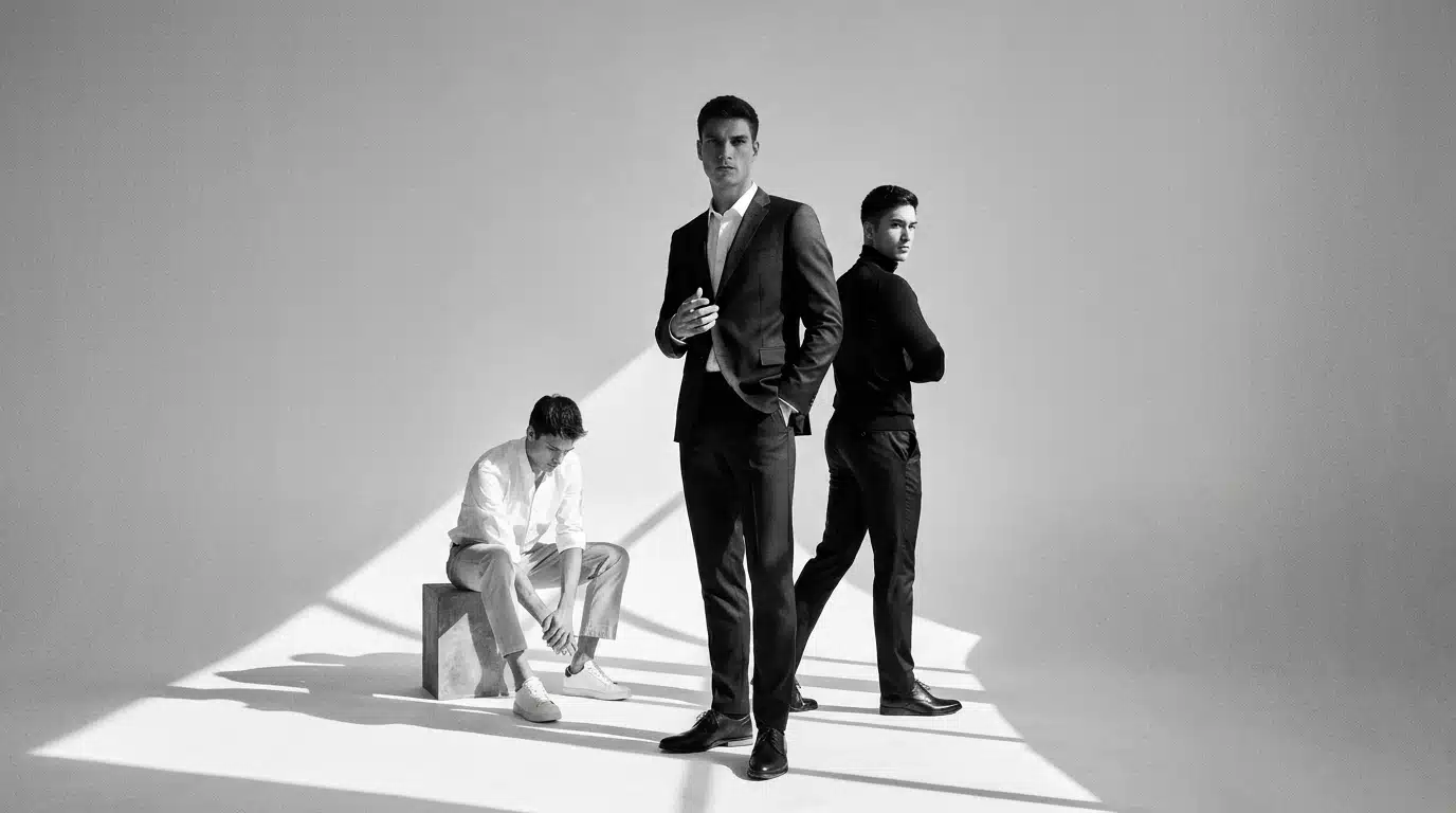 men wearing different 80s fashion styles including suits and casual outfits in studio setting