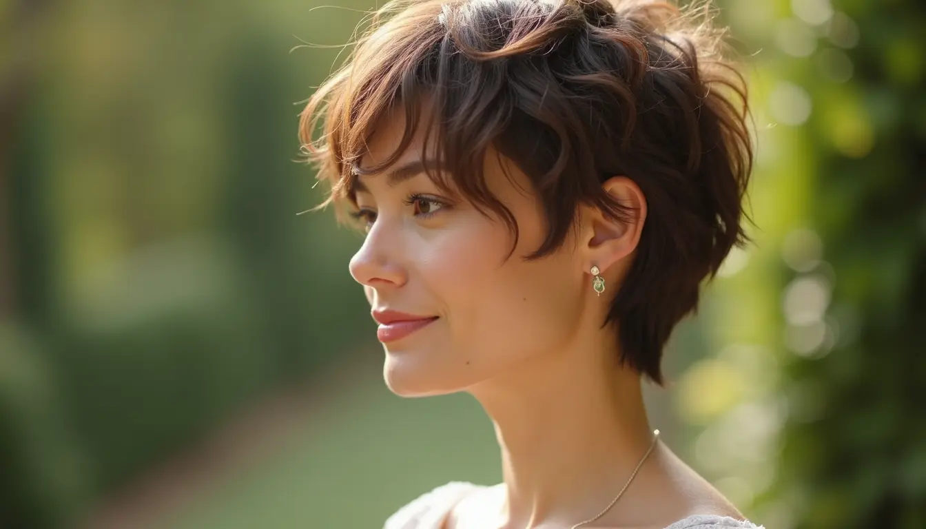 messy pixie bob haircut with tousled layers and natural texture for wedding guest style