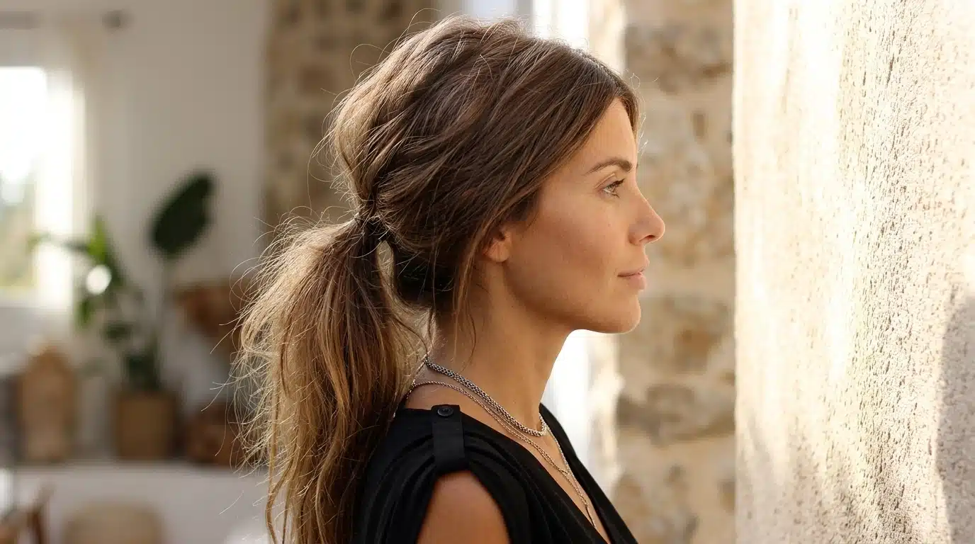 messy undone ponytail hairstyle with loose strands and relaxed texture