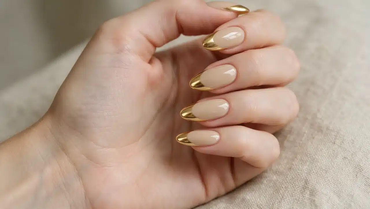 metallic gold chrome tips with nude base manicure design