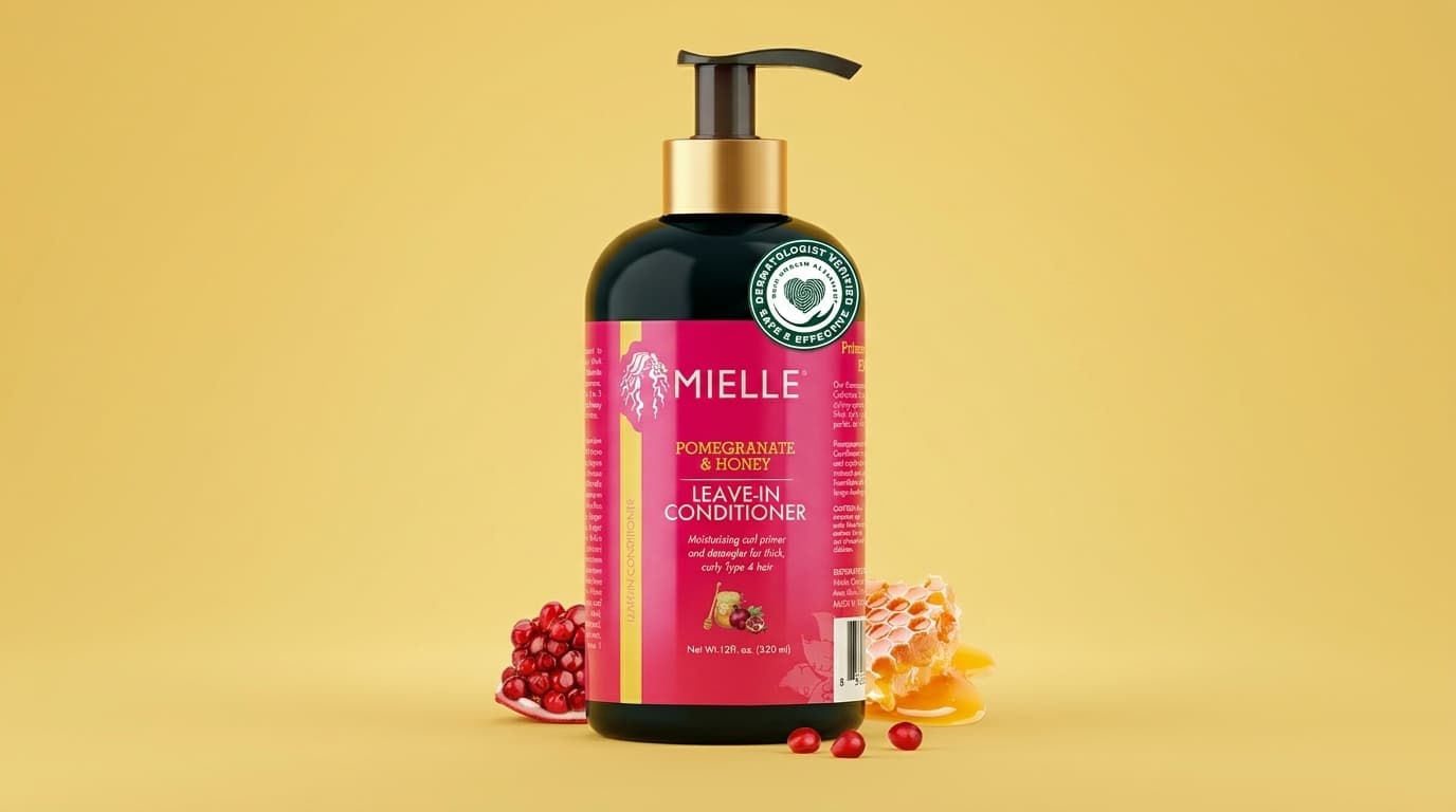 mielle pomegranate and honey leave in conditioner bottle displayed with pomegranate and honey ingredients